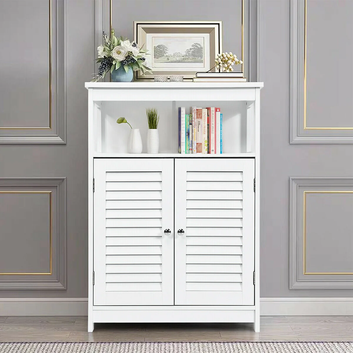 Wood Freestanding Bathroom Storage Cabinet, Double Shutter Door, White - Image 3