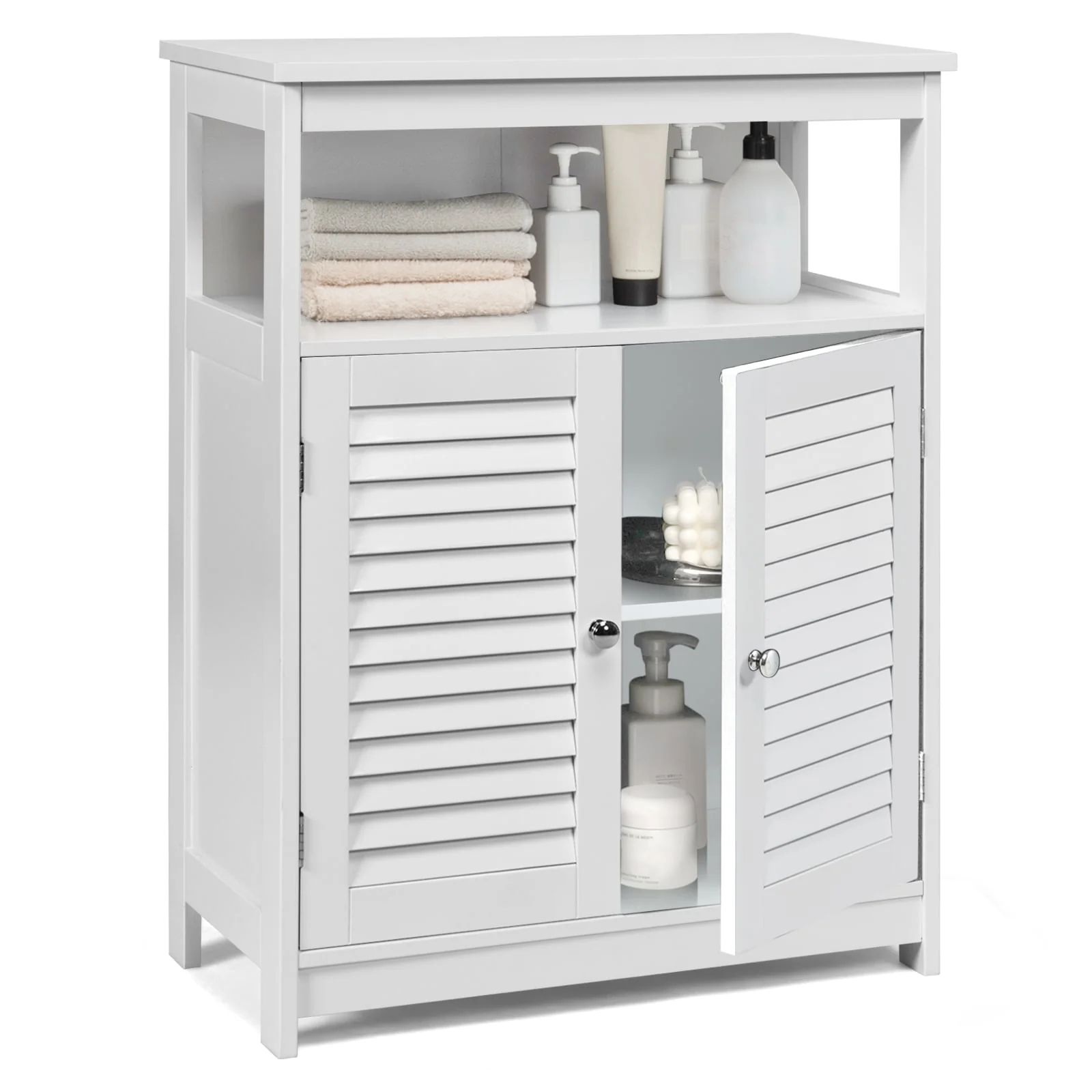 Wood Freestanding Bathroom Storage Cabinet, Double Shutter Door, White - Image 5