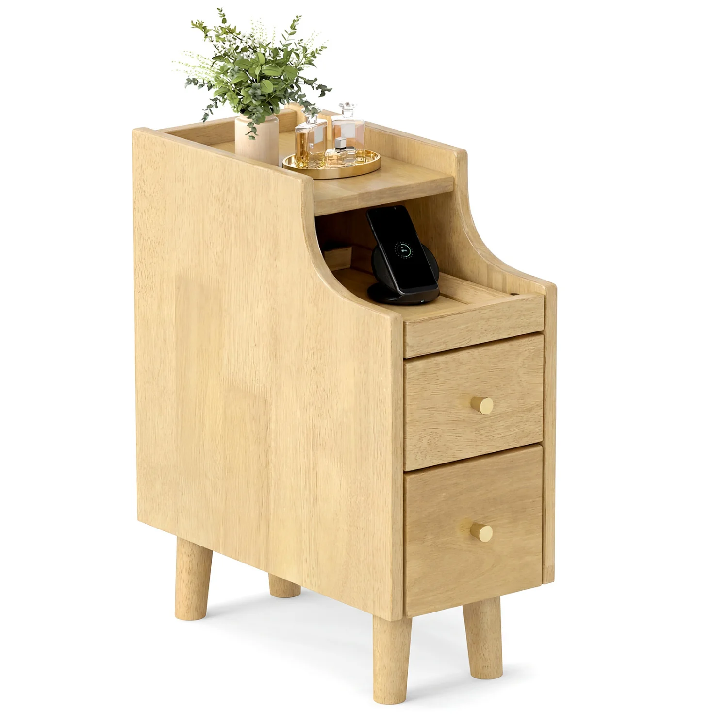 Wood Night Side Table With Pull-out Tray and 2 Drawers