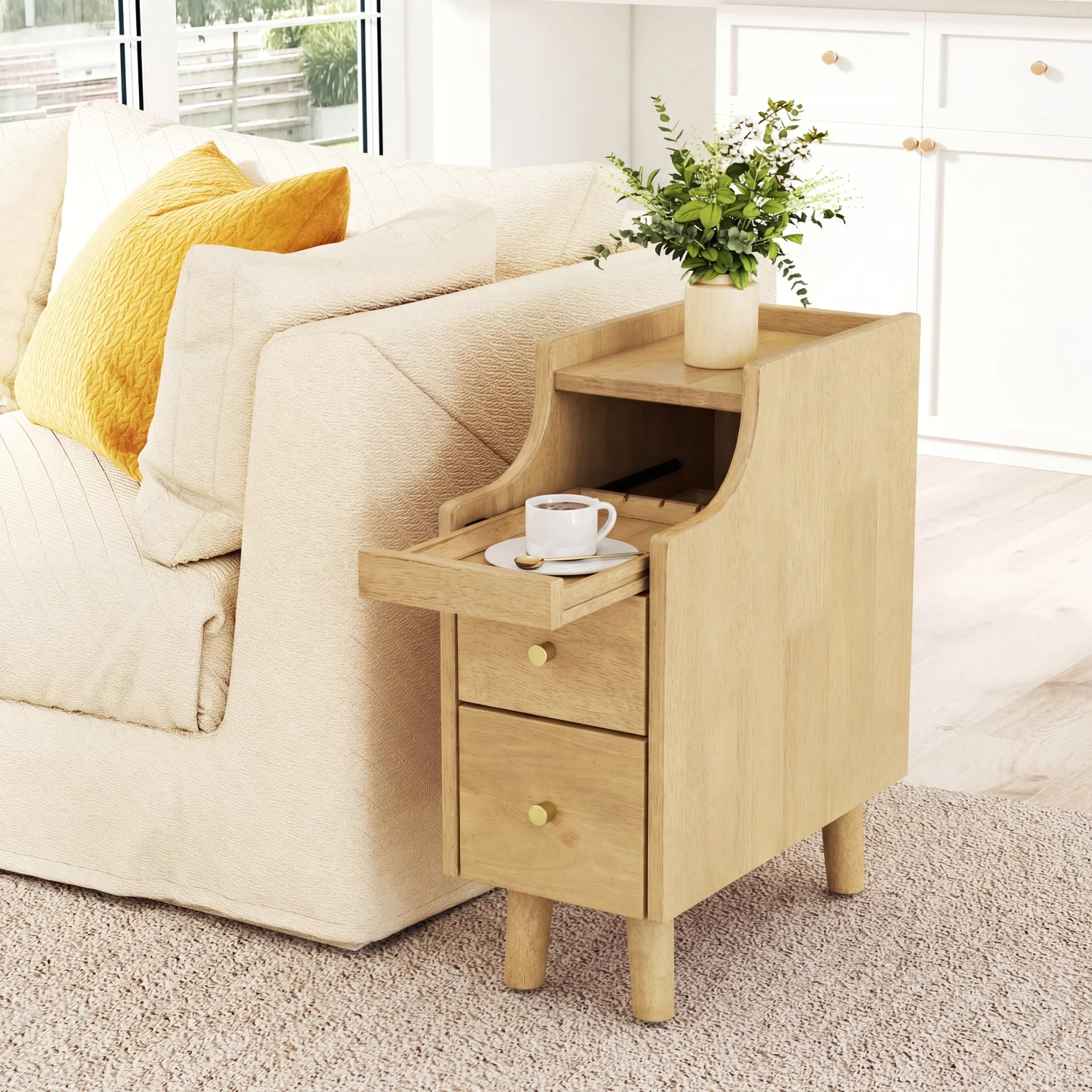 Wood Night Side Table With Pull-out Tray and 2 Drawers - Image 2