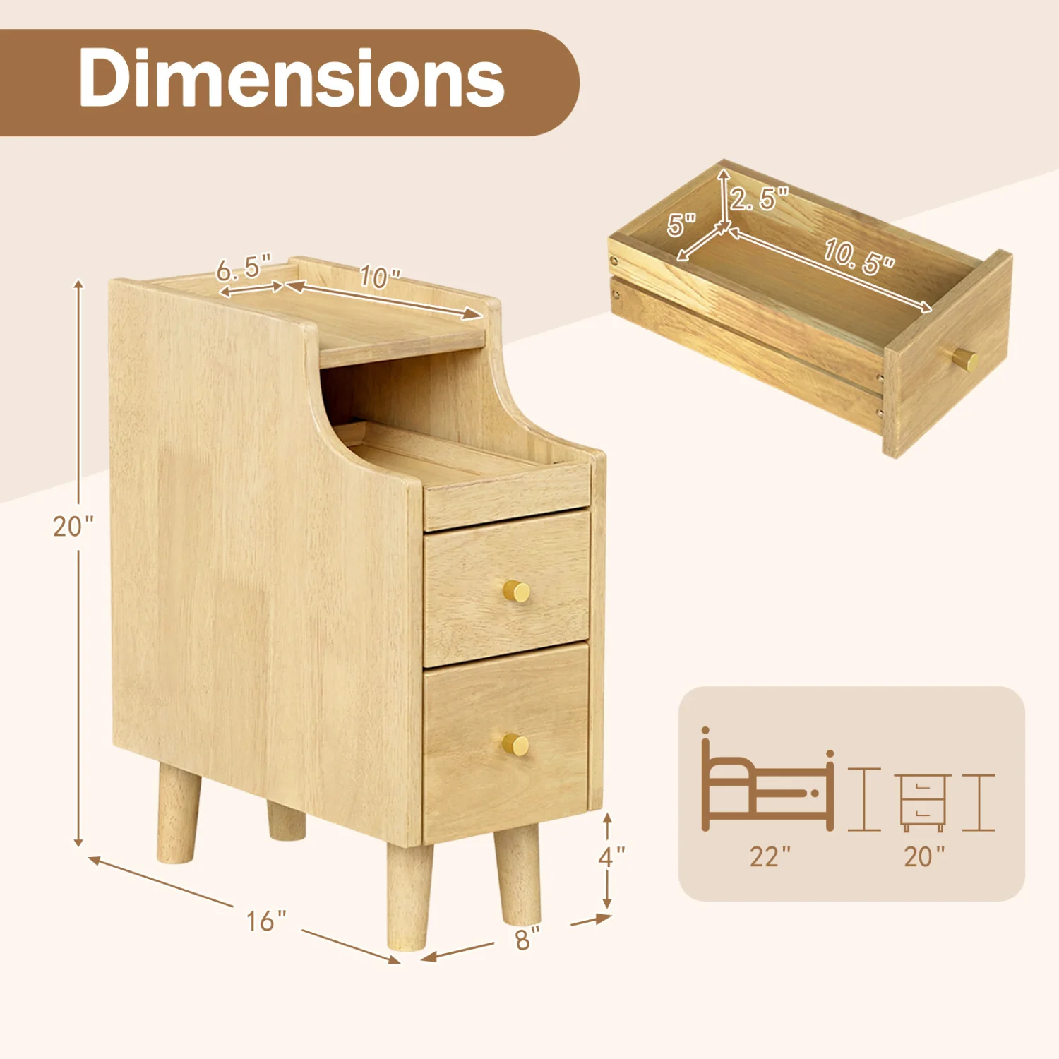 Wood Night Side Table With Pull-out Tray and 2 Drawers - Image 4