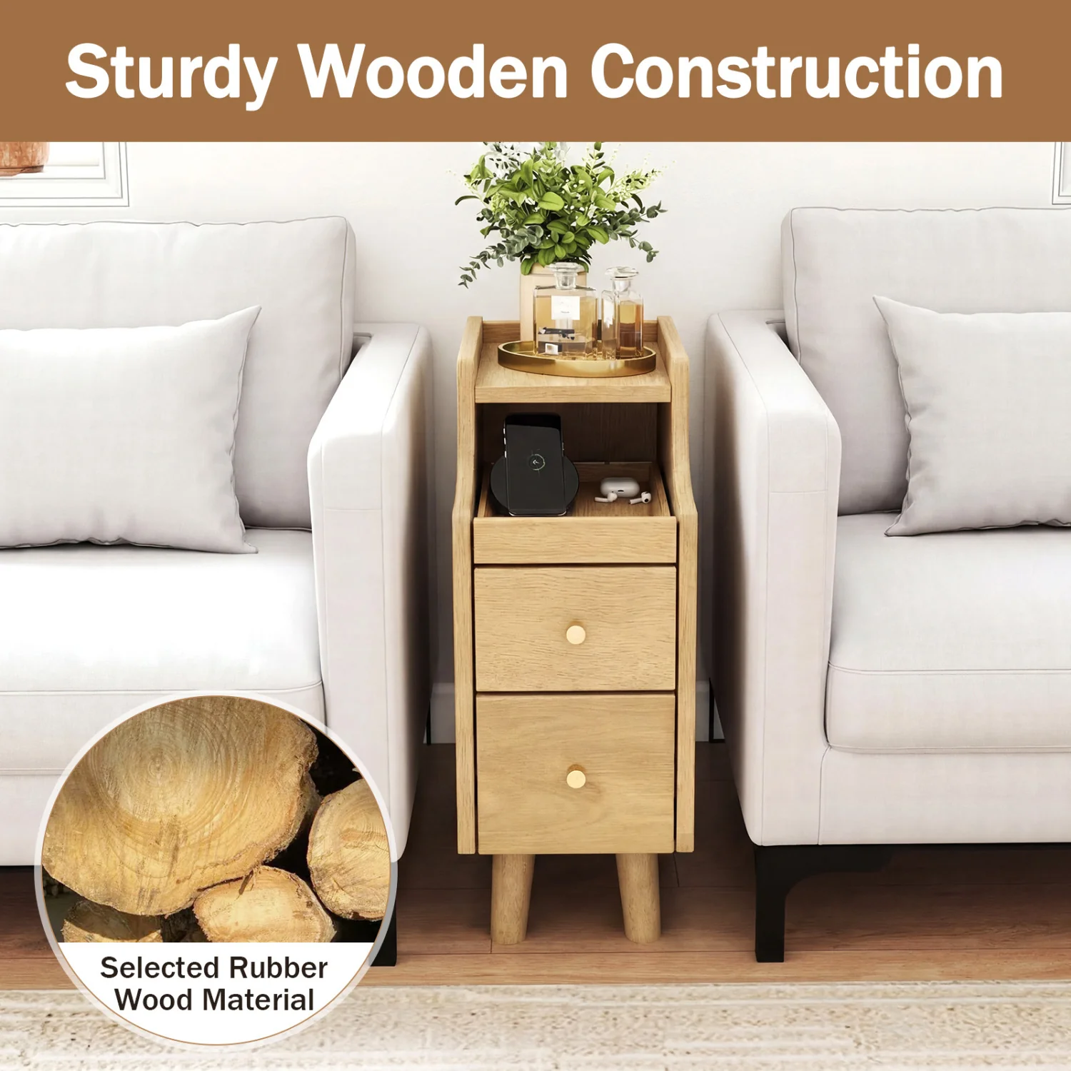 Wood Night Side Table With Pull-out Tray and 2 Drawers - Image 6