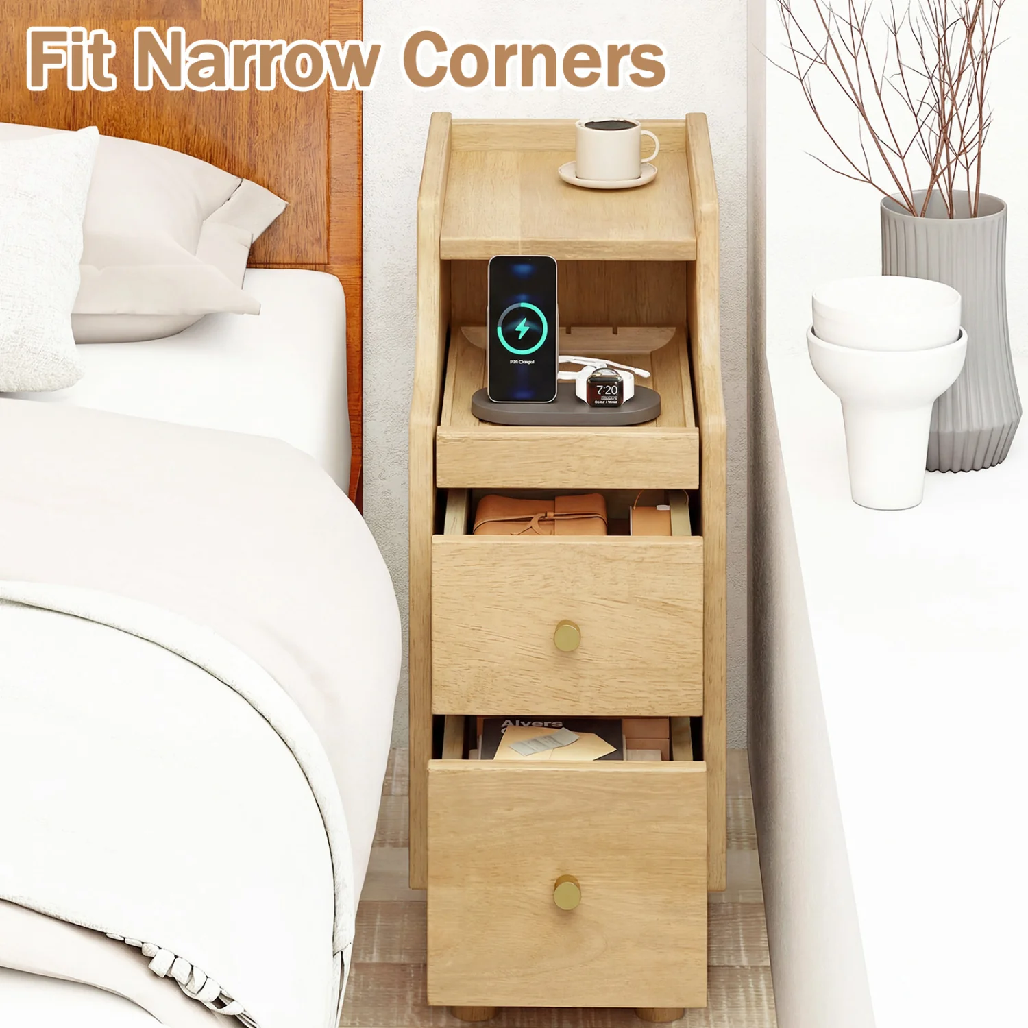 Wood Night Side Table With Pull-out Tray and 2 Drawers - Image 9
