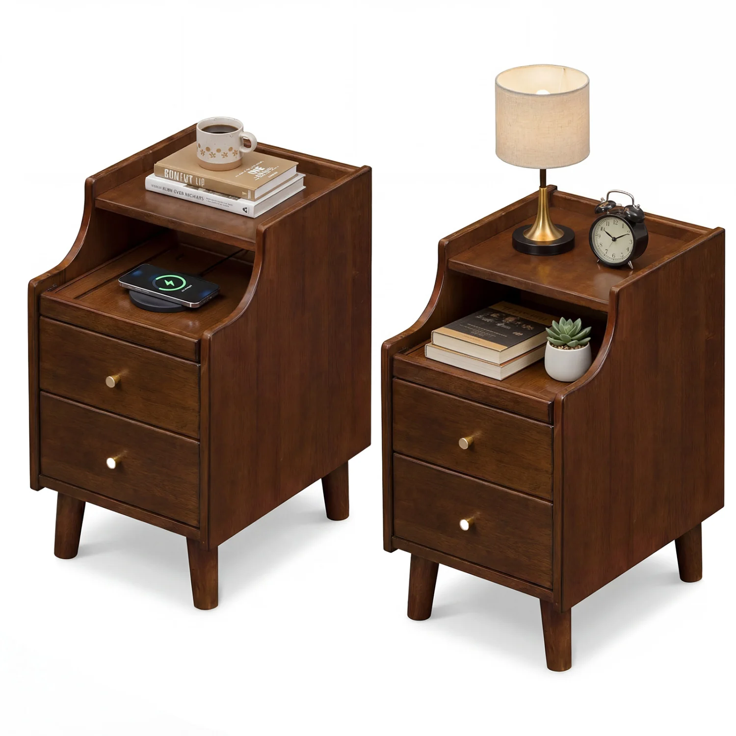 Wood Nightstand Set of 2 with Drawers, Brown