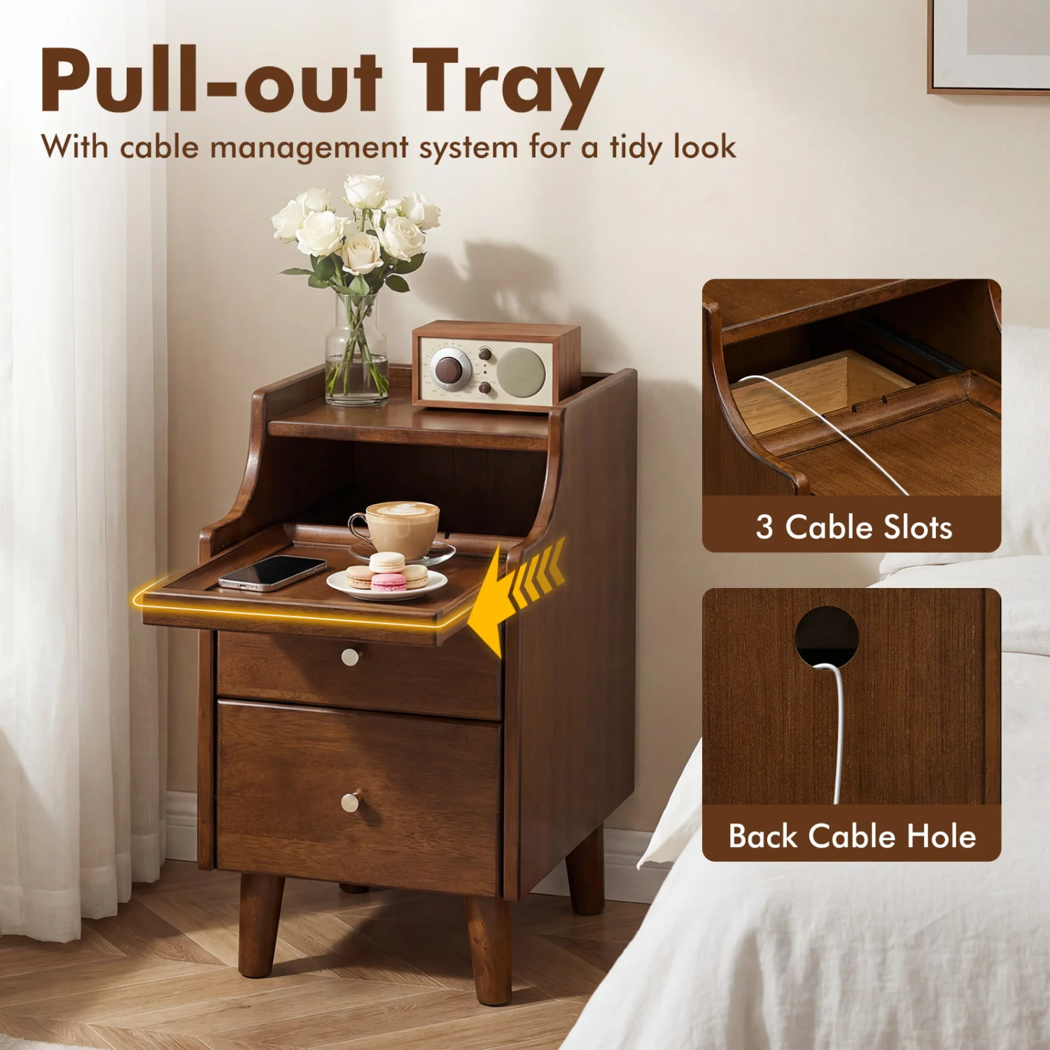 Wood Nightstand Set of 2 with Drawers, Brown - Image 6