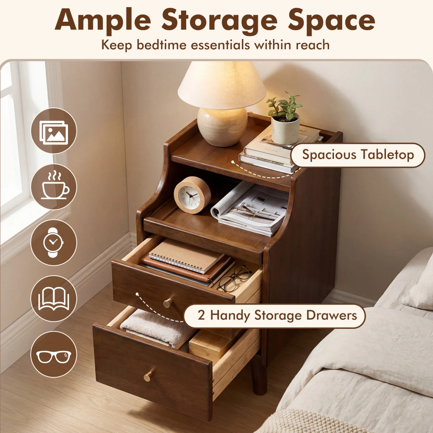 Wood Nightstand Set of 2 with Drawers, Brown - Image 7