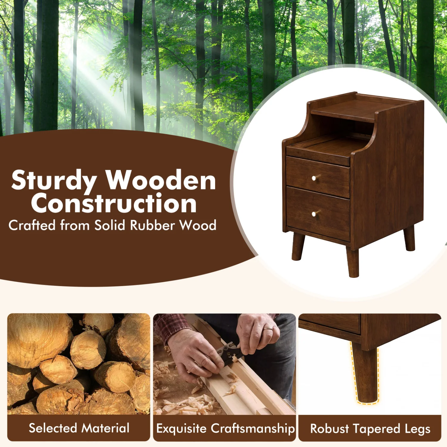 Wood Nightstand Set of 2 with Drawers, Brown - Image 8