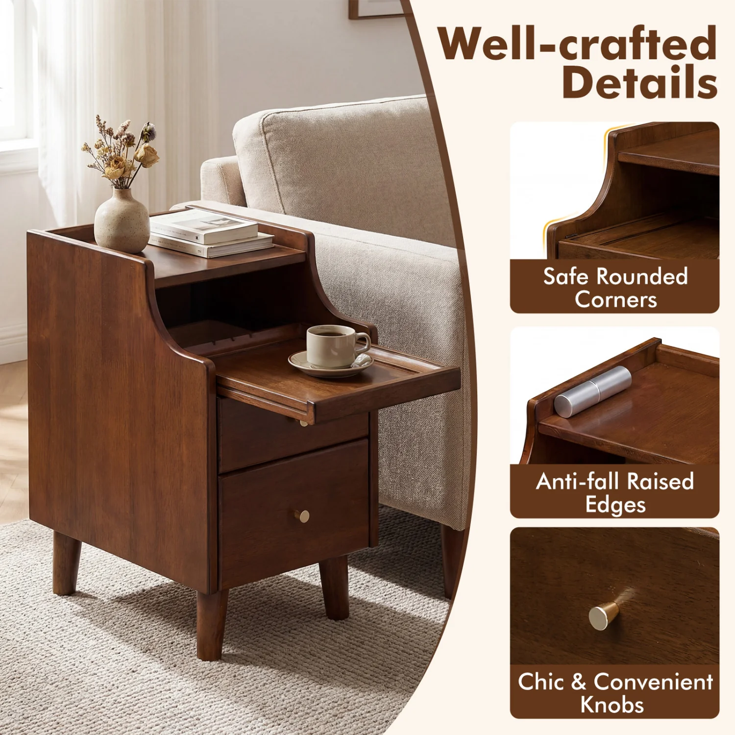 Wood Nightstand Set of 2 with Drawers, Brown - Image 9
