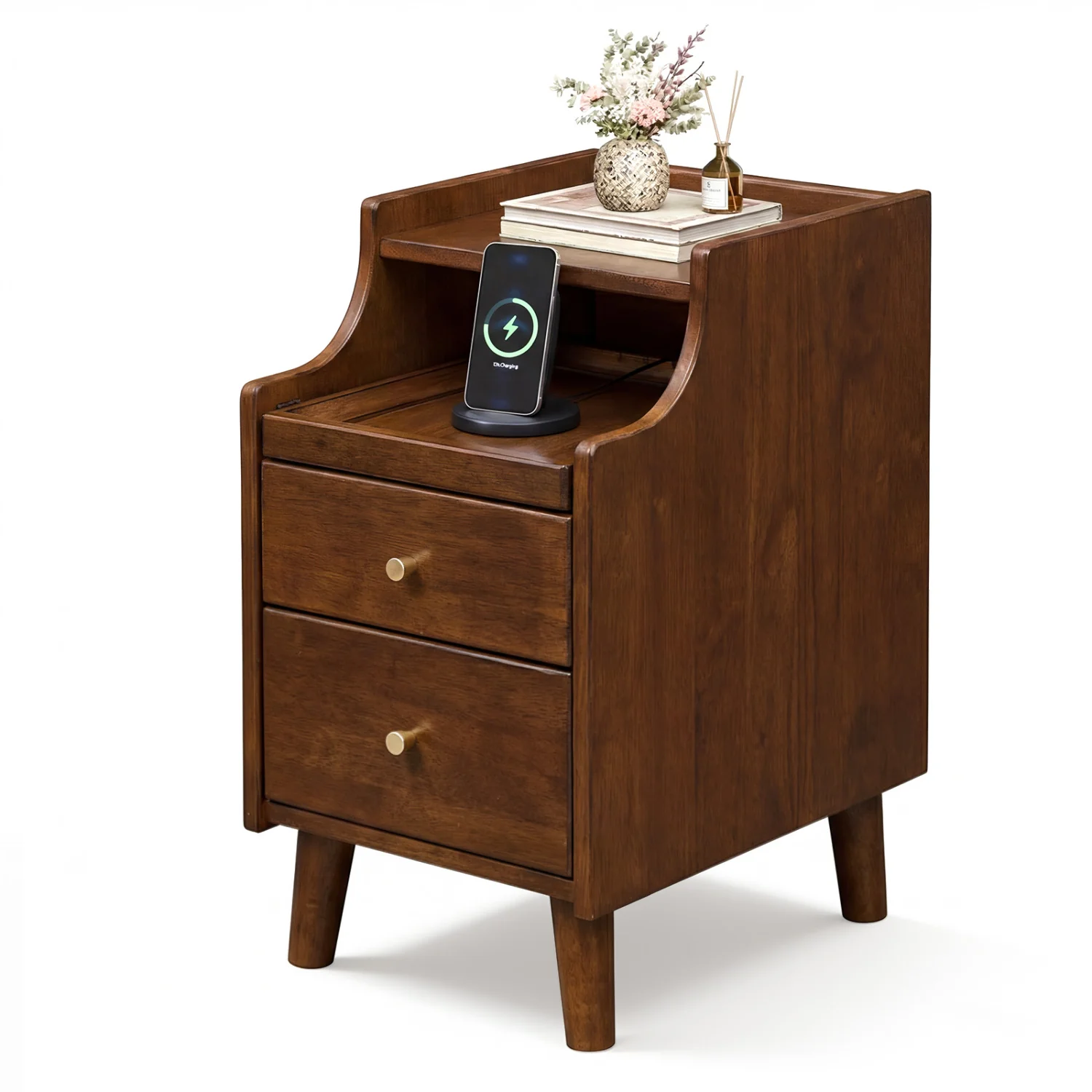 Wood Nightstand With Drawers, Brown