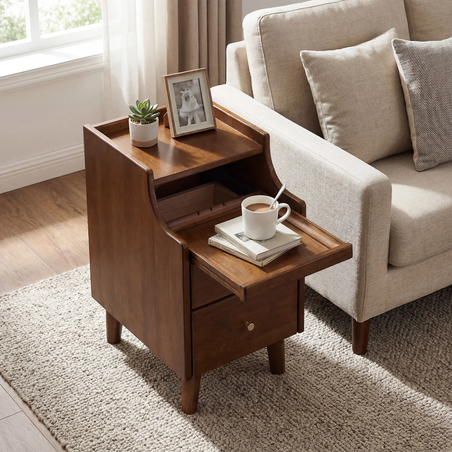 Wood Nightstand With Drawers, Brown - Image 2