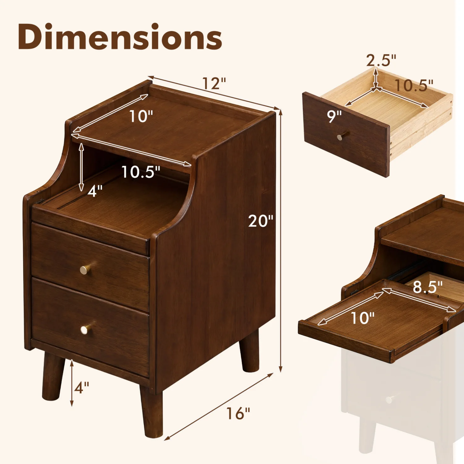 Wood Nightstand With Drawers, Brown - Image 5
