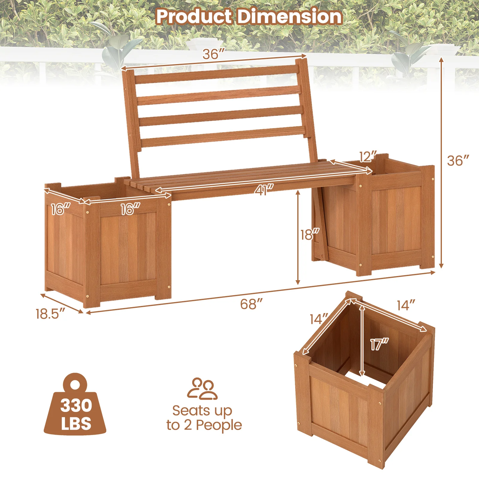 Wood Planter Box With Bench And Backrest, Natural - Image 5