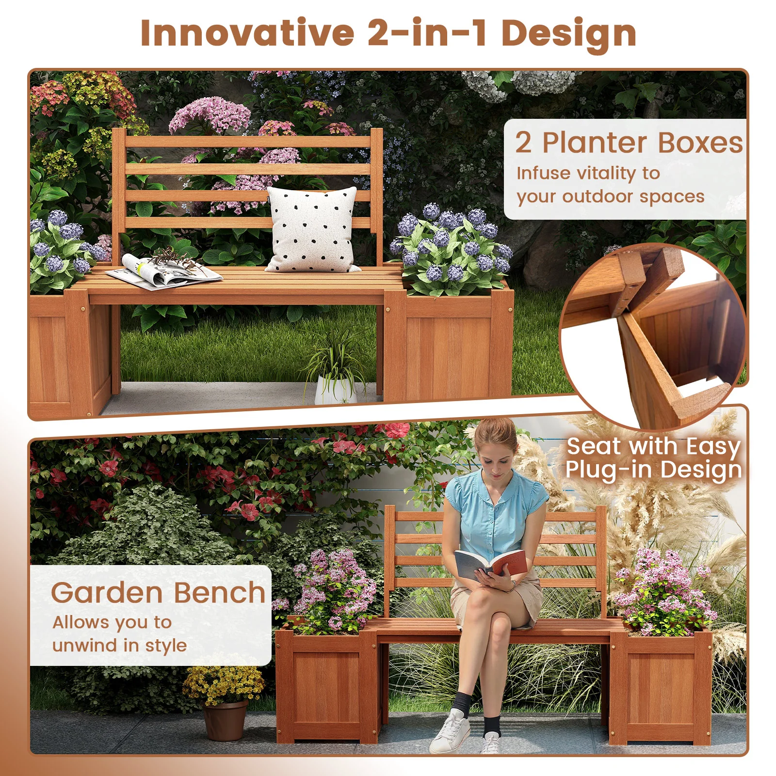 Wood Planter Box With Bench And Backrest, Natural - Image 8