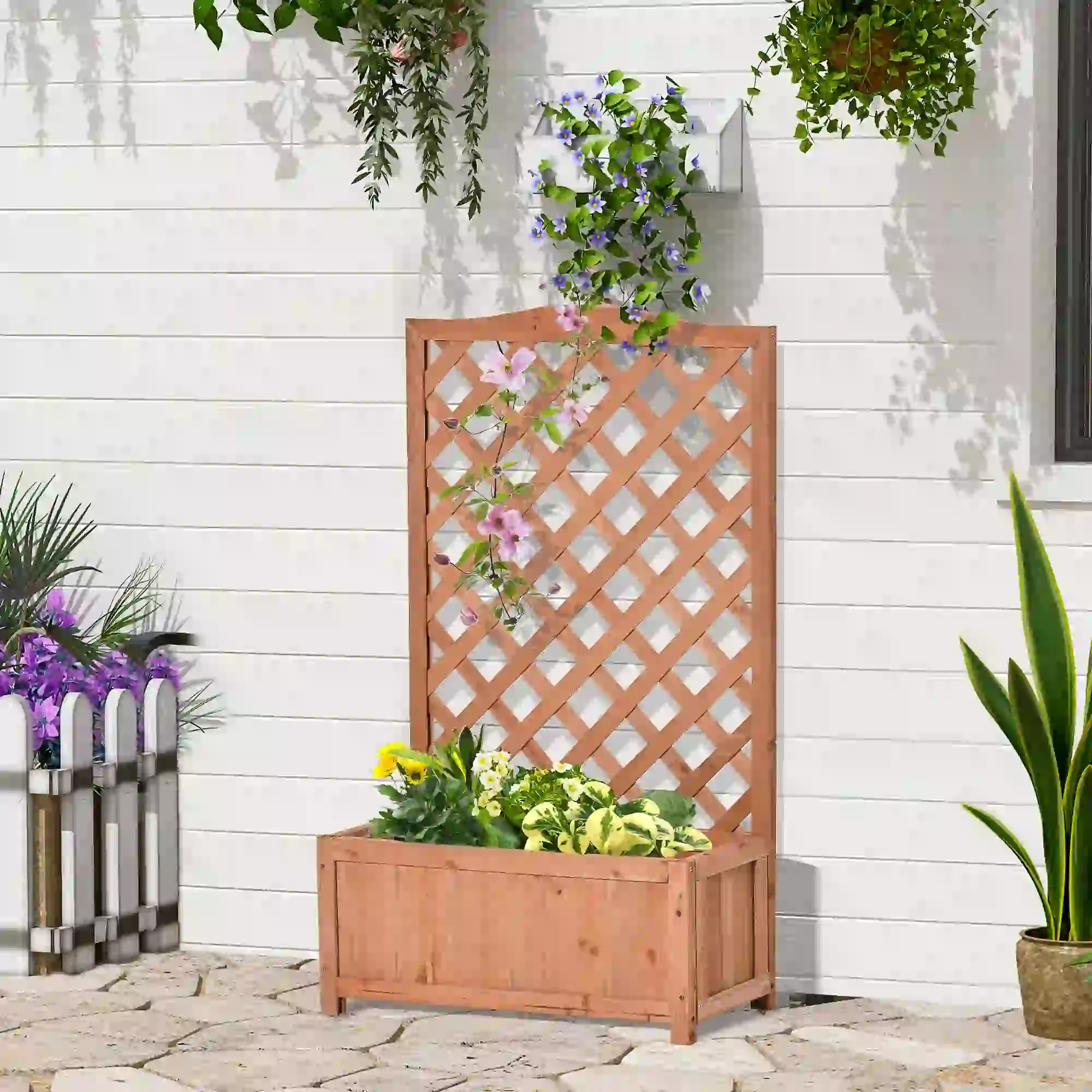 Wood Planter with Trellis, Raised Garden Bed, 28" x 11" x 46", Brown - Image 2