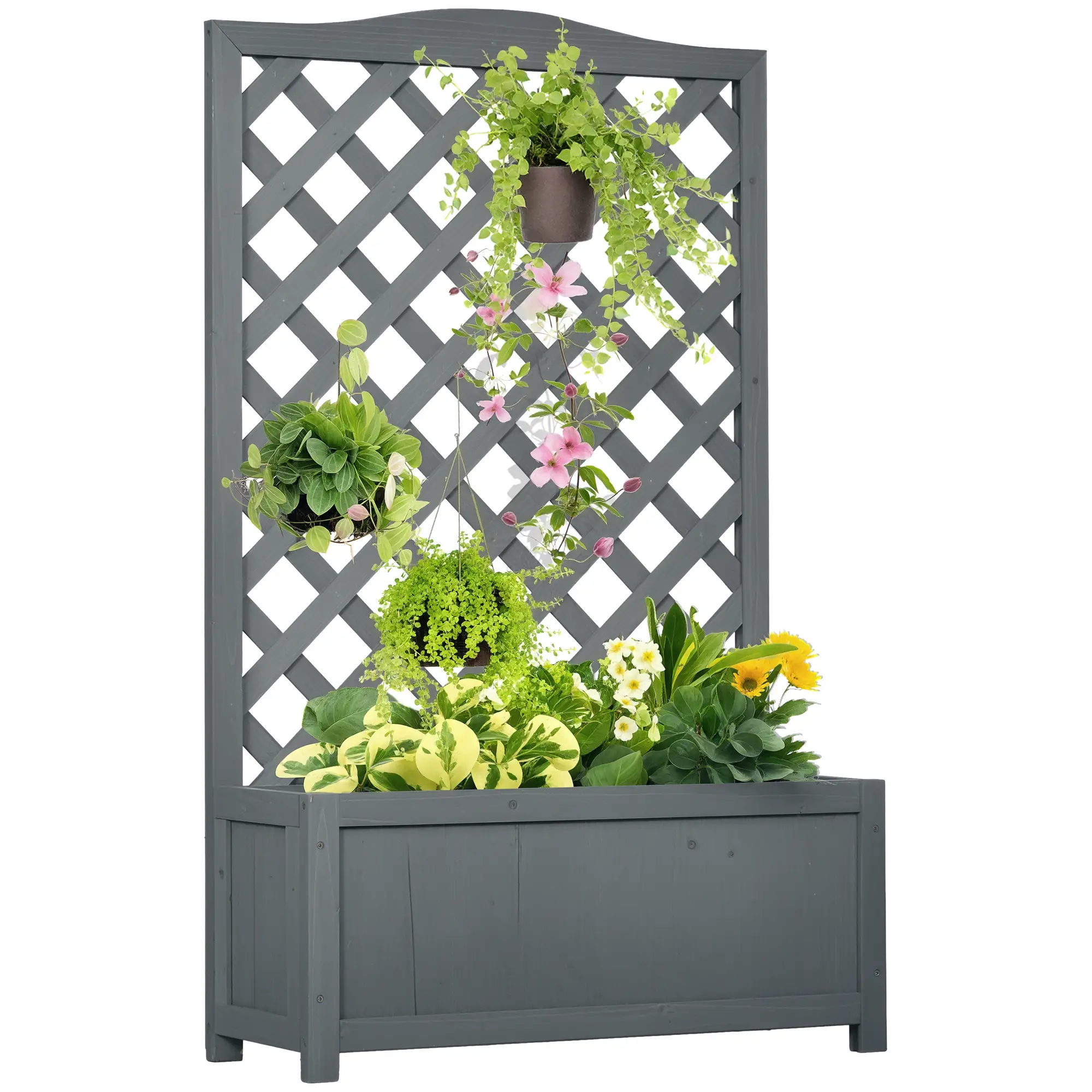 Wood Planter With Trellis, Raised Garden Bed, 28" x 11" x 46", Grey - Image 11