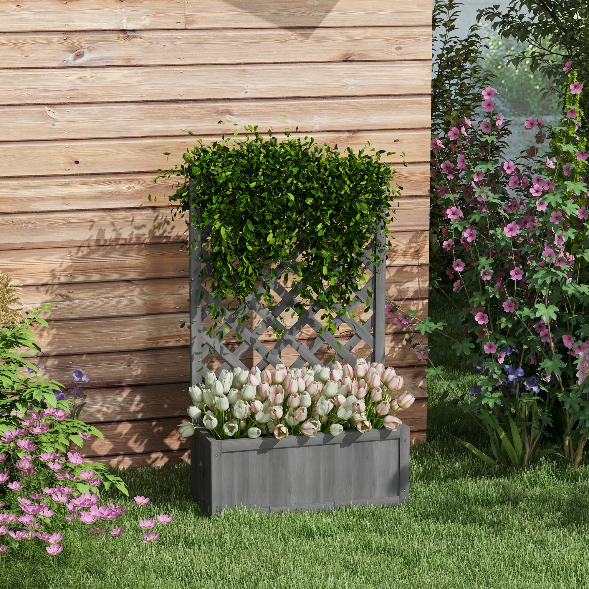 Wood Planter With Trellis, Raised Garden Bed, 28" x 11" x 46", Grey - Image 2