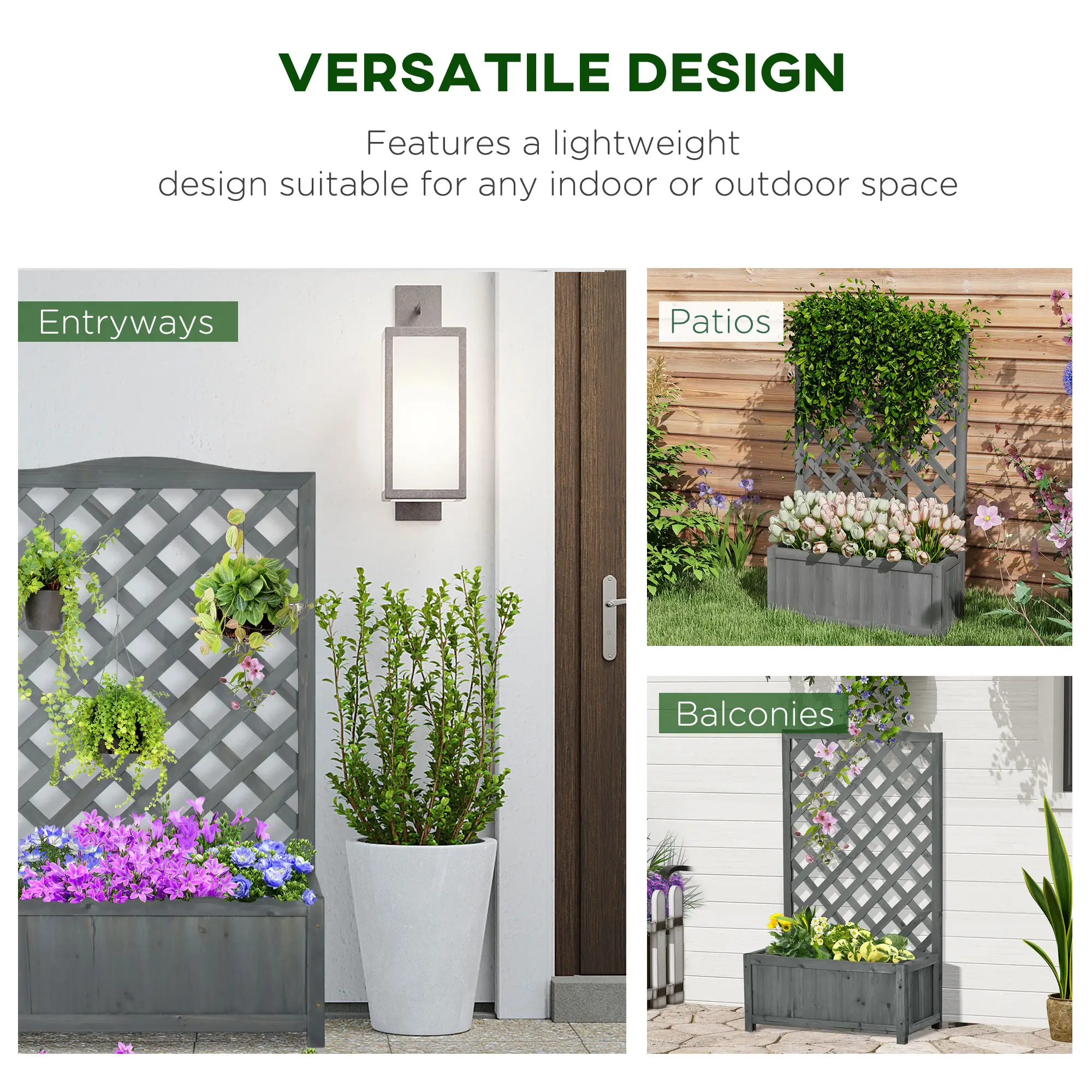 Wood Planter With Trellis, Raised Garden Bed, 28" x 11" x 46", Grey - Image 4