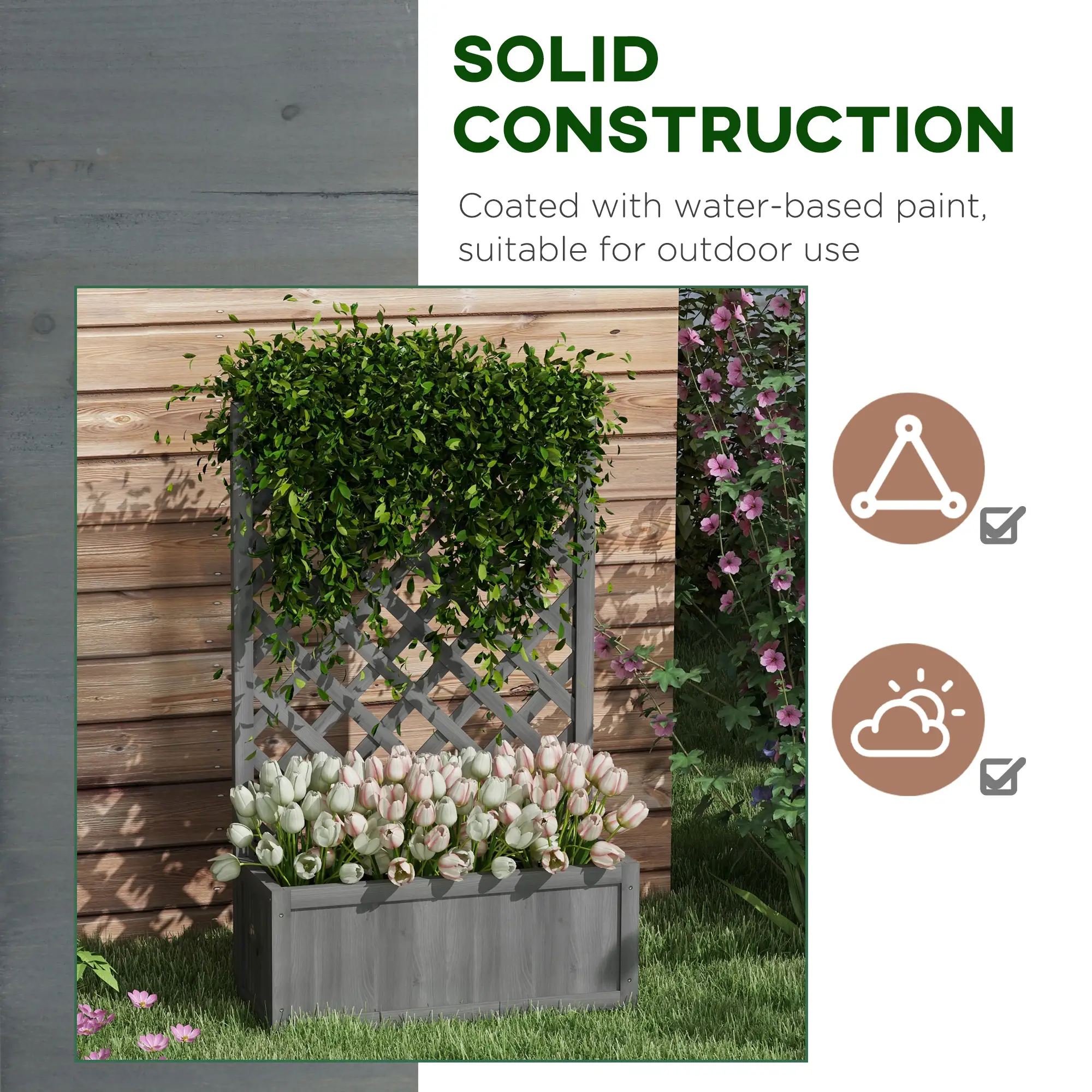 Wood Planter With Trellis, Raised Garden Bed, 28" x 11" x 46", Grey - Image 7