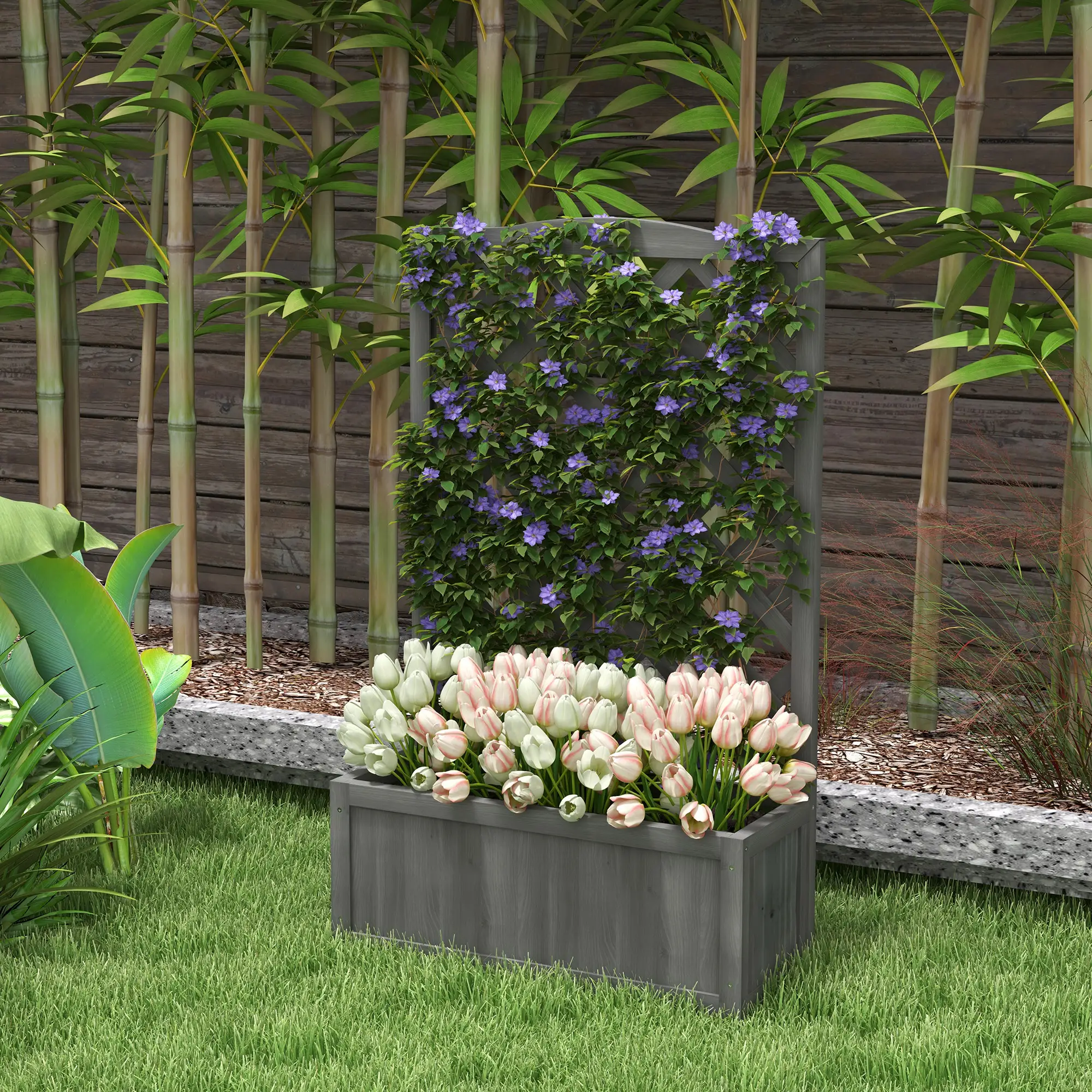 Wood Planter With Trellis, Raised Garden Bed, 28" x 11" x 46", Grey - Image 8
