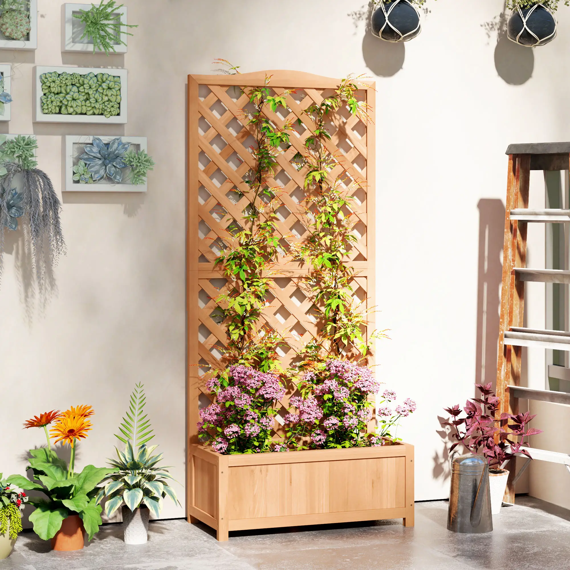 Wood Planter with Trellis, Raised Garden Bed, 30" x 14" x 67", Brown - Image 8
