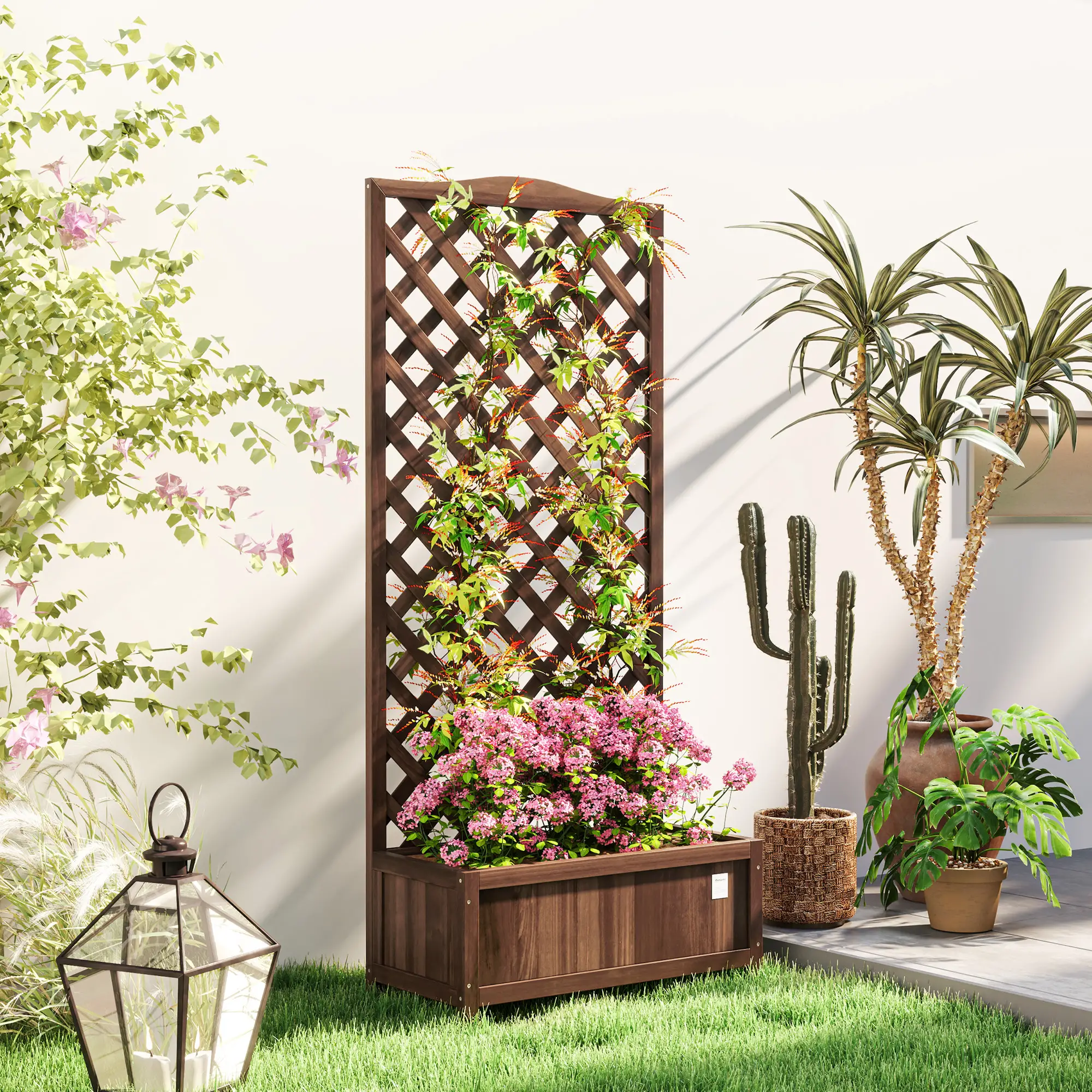 Wood Planter With Trellis, Raised Garden Bed, 30" x 14" x 67", Dark Brown - Image 2