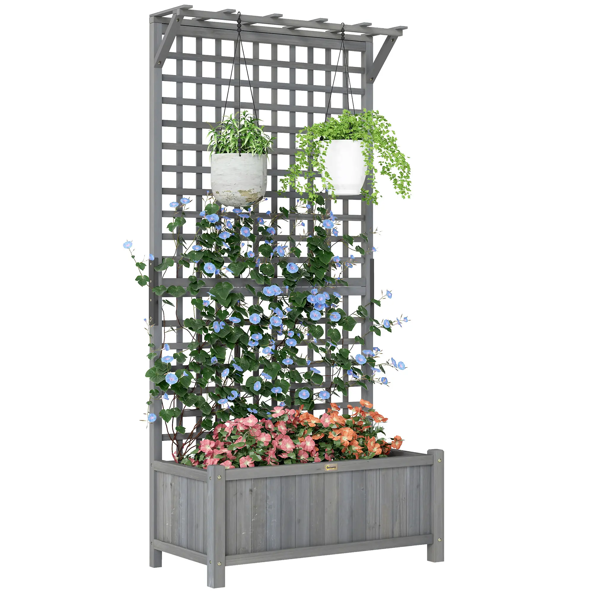 Wood Planter with Trellis, Raised Garden Bed, Privacy Screen, Dark Grey