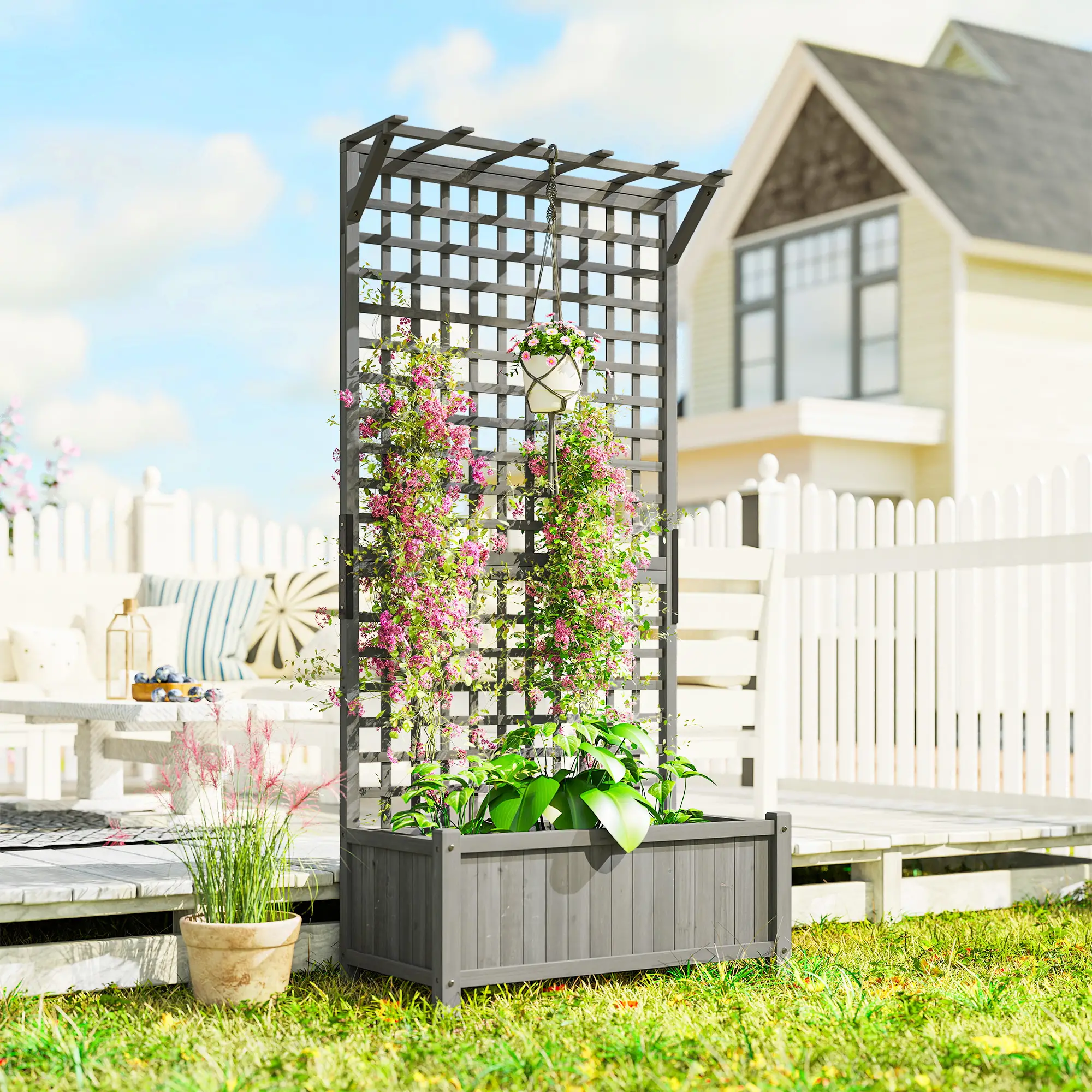 Wood Planter with Trellis, Raised Garden Bed, Privacy Screen, Dark Grey - Image 2