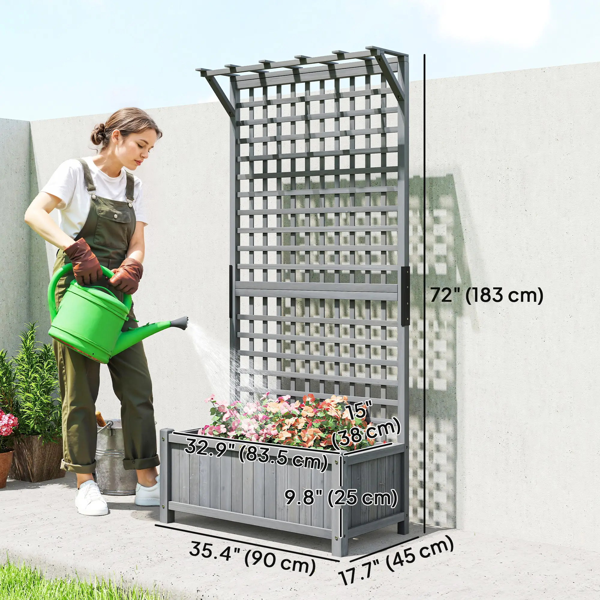 Wood Planter with Trellis, Raised Garden Bed, Privacy Screen, Dark Grey - Image 3