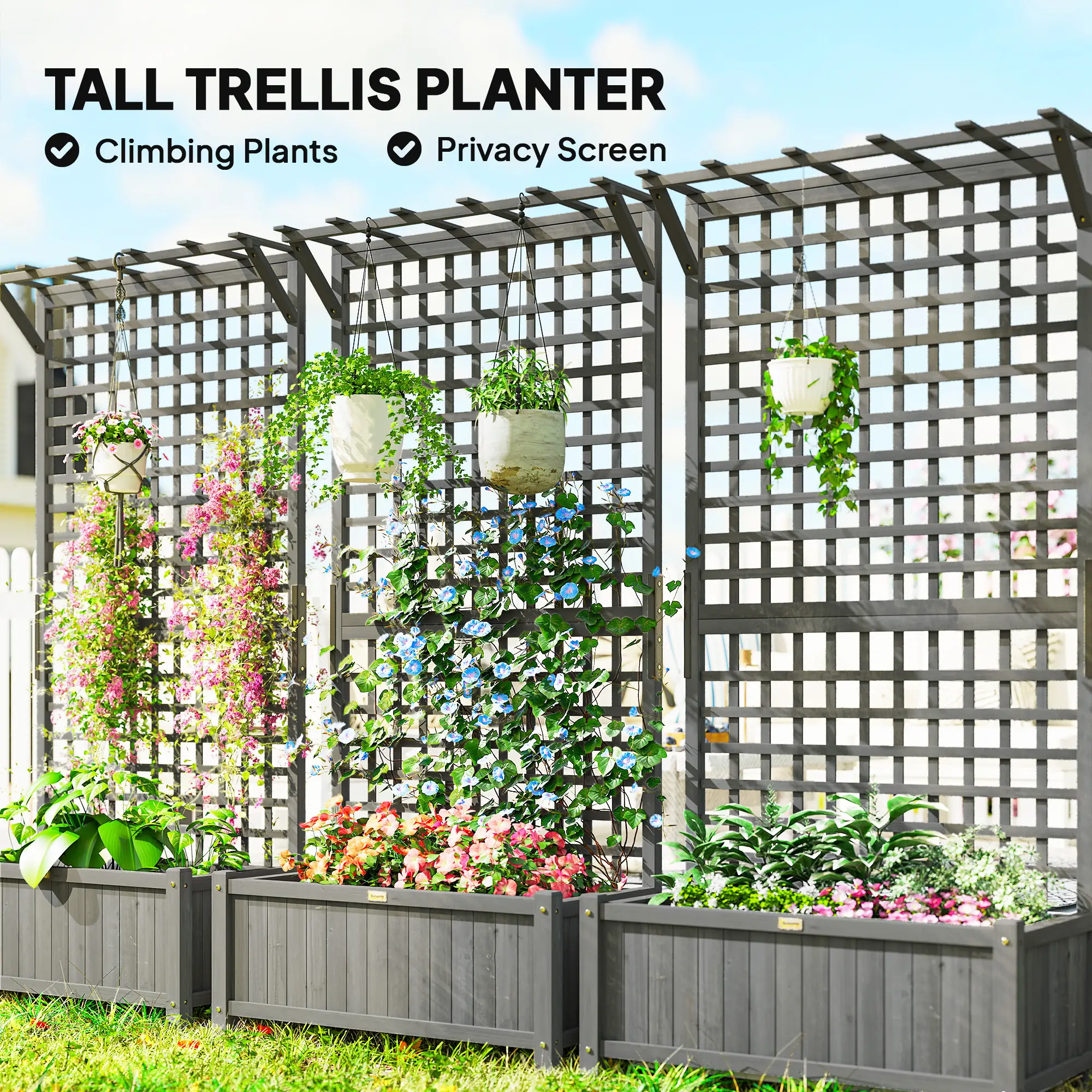 Wood Planter with Trellis, Raised Garden Bed, Privacy Screen, Dark Grey - Image 4