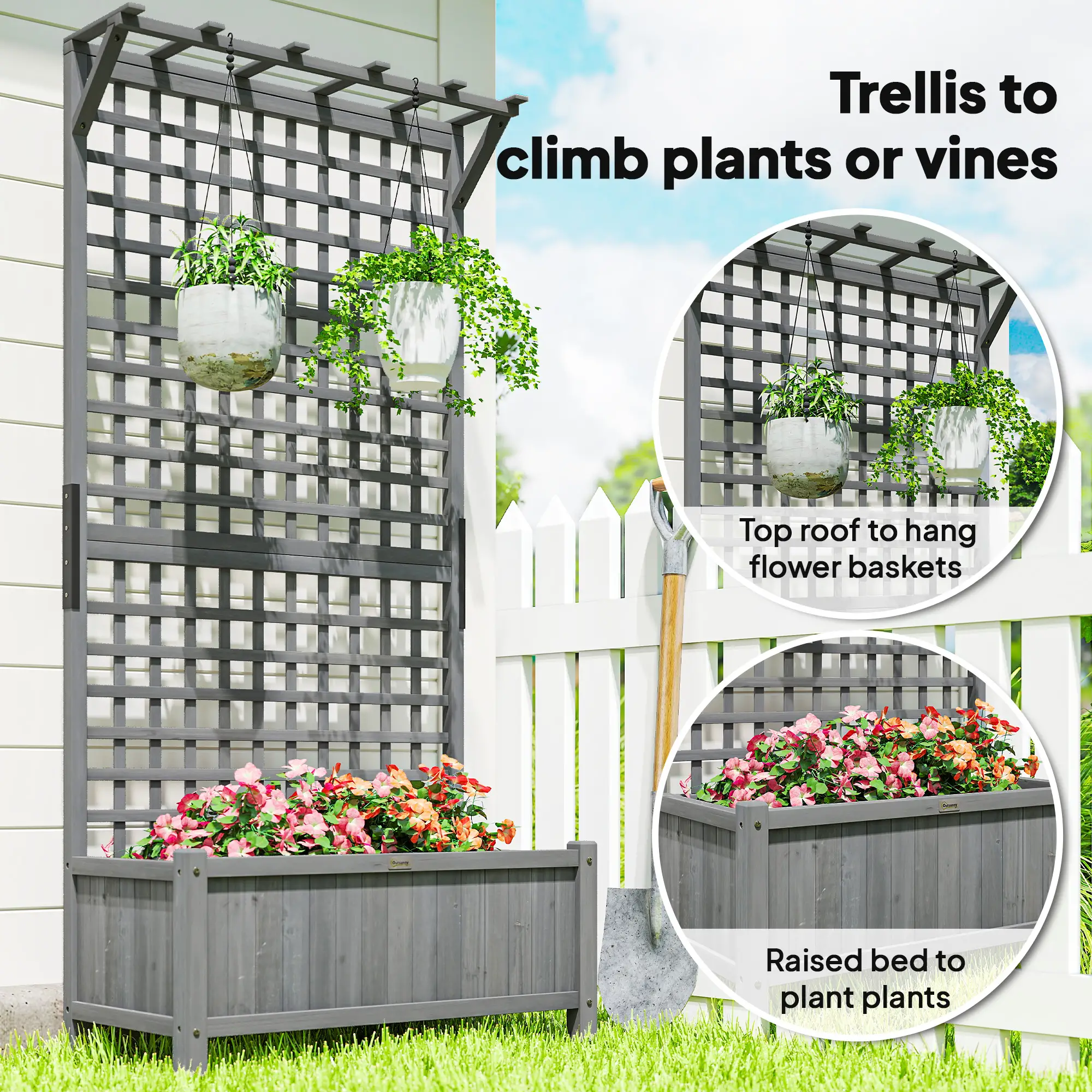 Wood Planter with Trellis, Raised Garden Bed, Privacy Screen, Dark Grey - Image 5