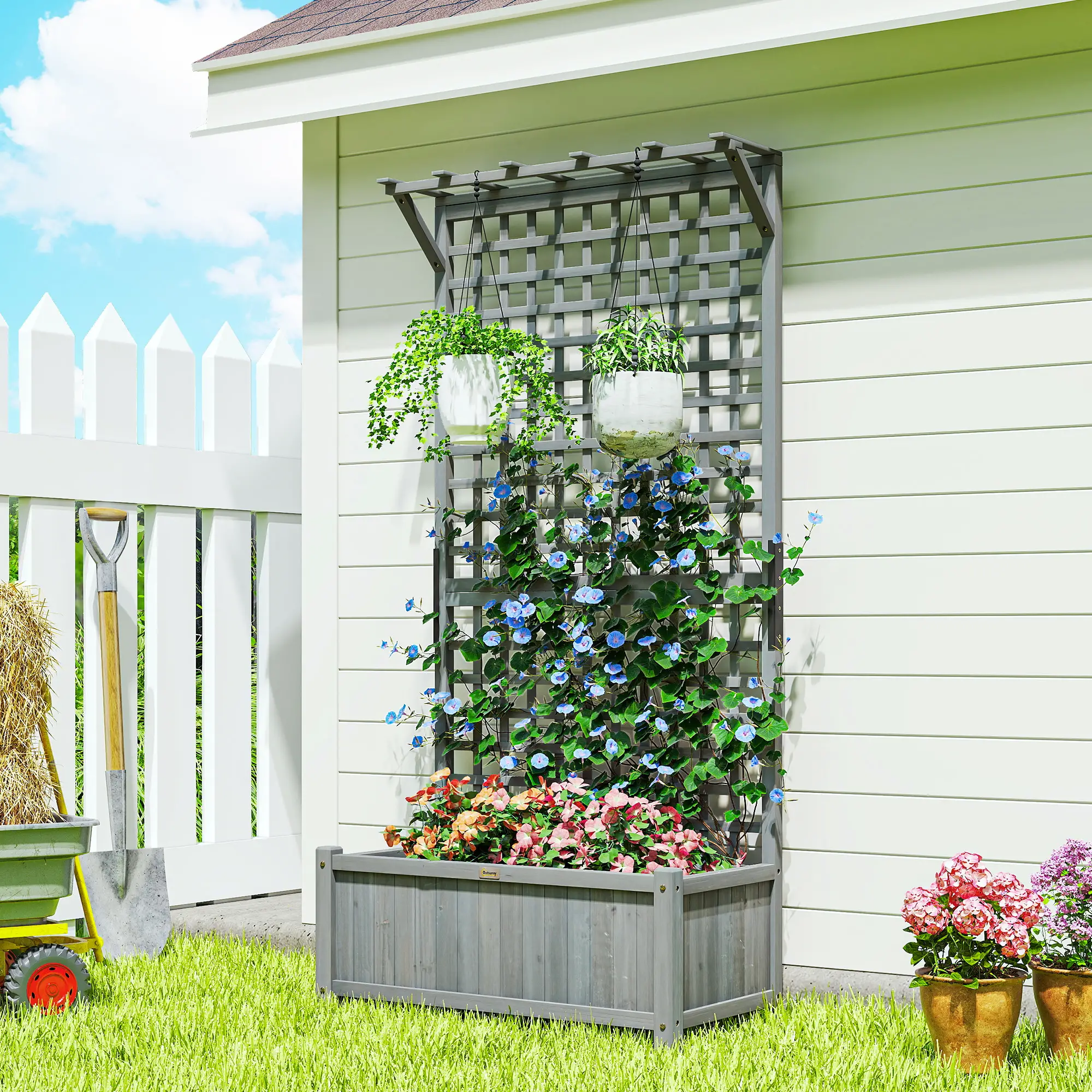 Wood Planter with Trellis, Raised Garden Bed, Privacy Screen, Dark Grey - Image 8