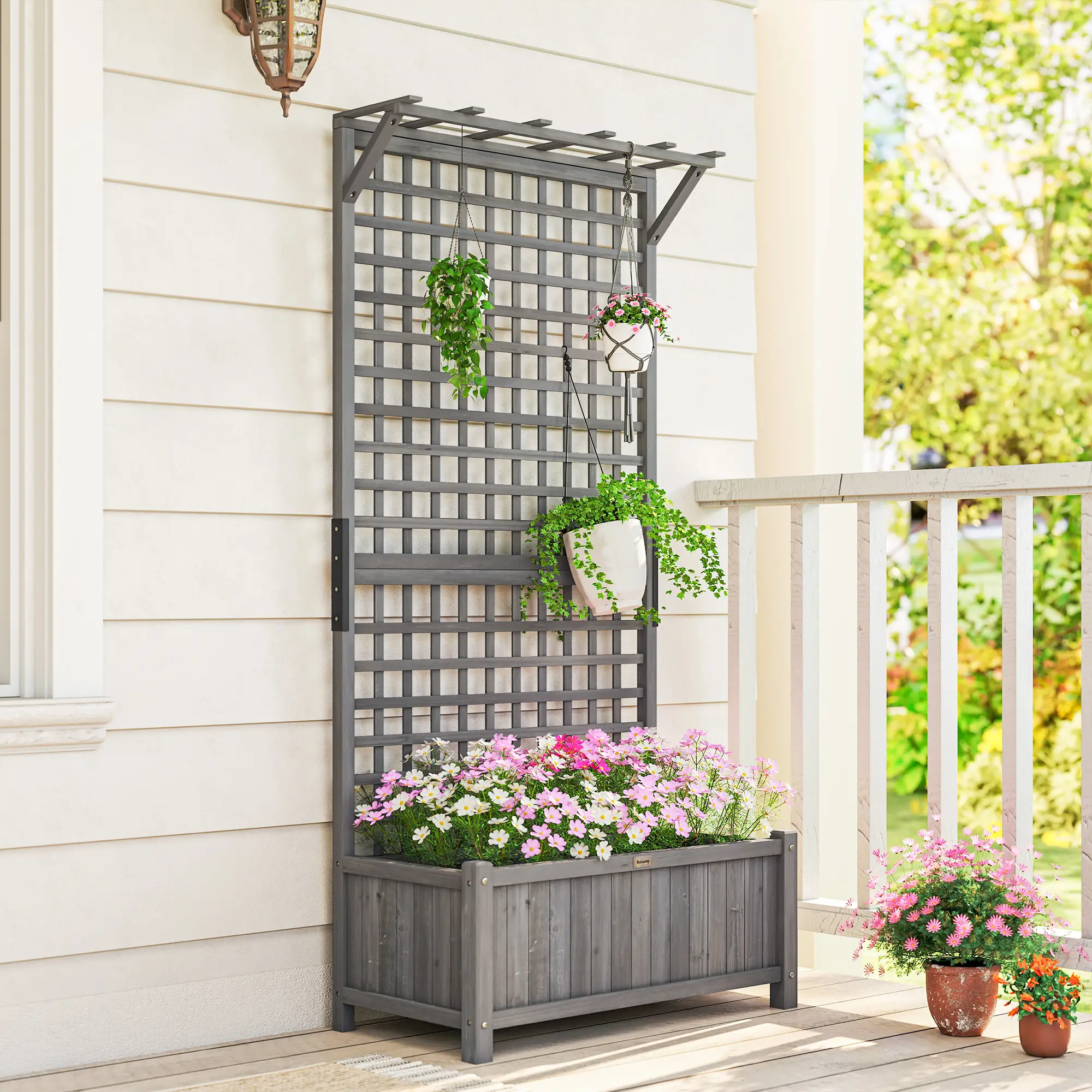 Wood Planter with Trellis, Raised Garden Bed, Privacy Screen, Dark Grey - Image 9