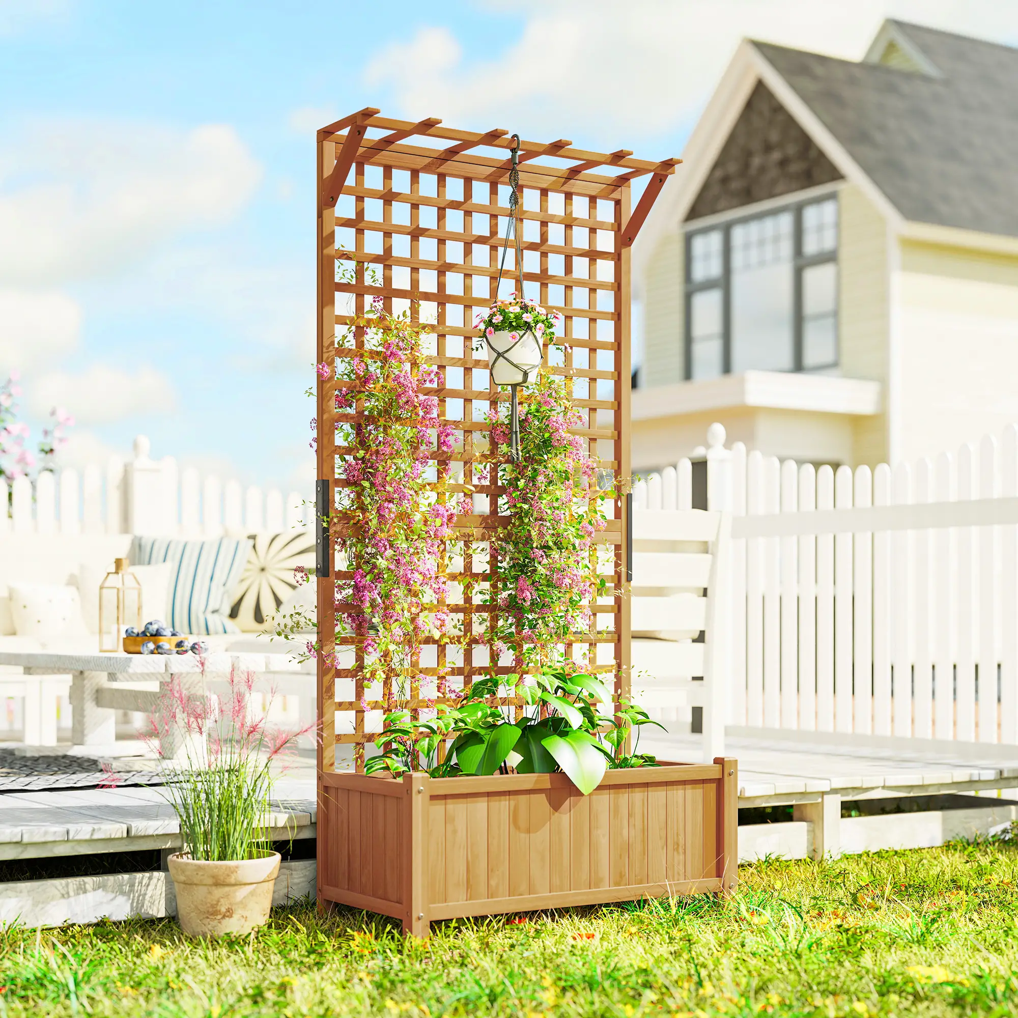 Wood Planter with Trellis, Raised Garden Bed, Privacy Screen, Yellow - Image 2