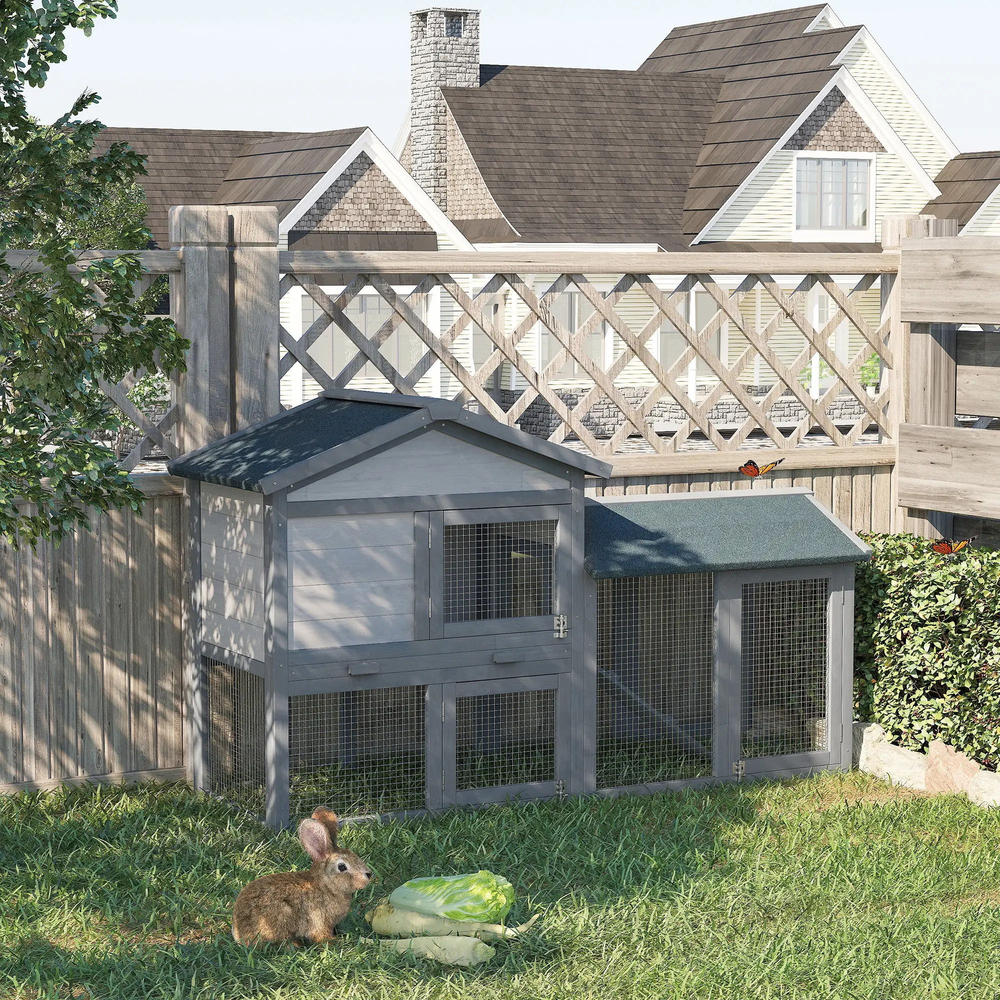 Wood Rabbit Hutch, Bunny Cage, Small Animal House, Dark Grey - Image 2
