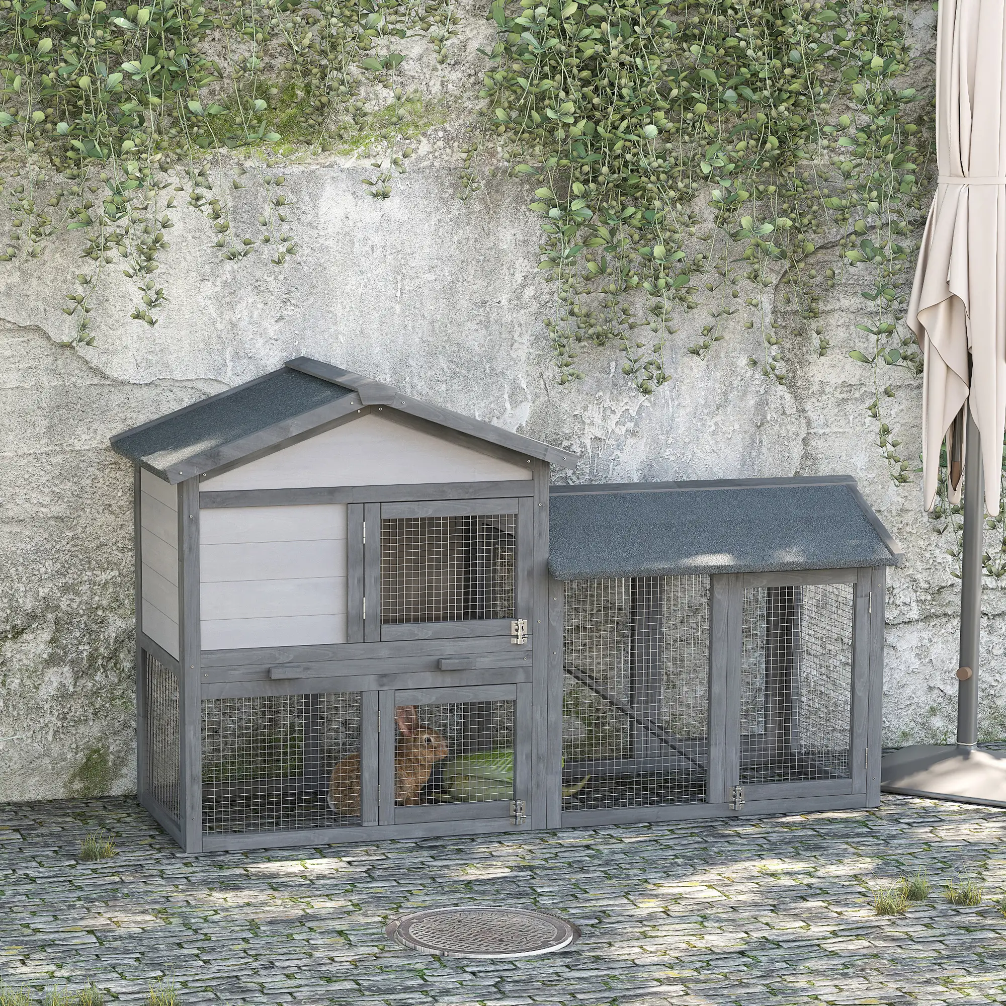 Wood Rabbit Hutch, Bunny Cage, Small Animal House, Dark Grey - Image 7