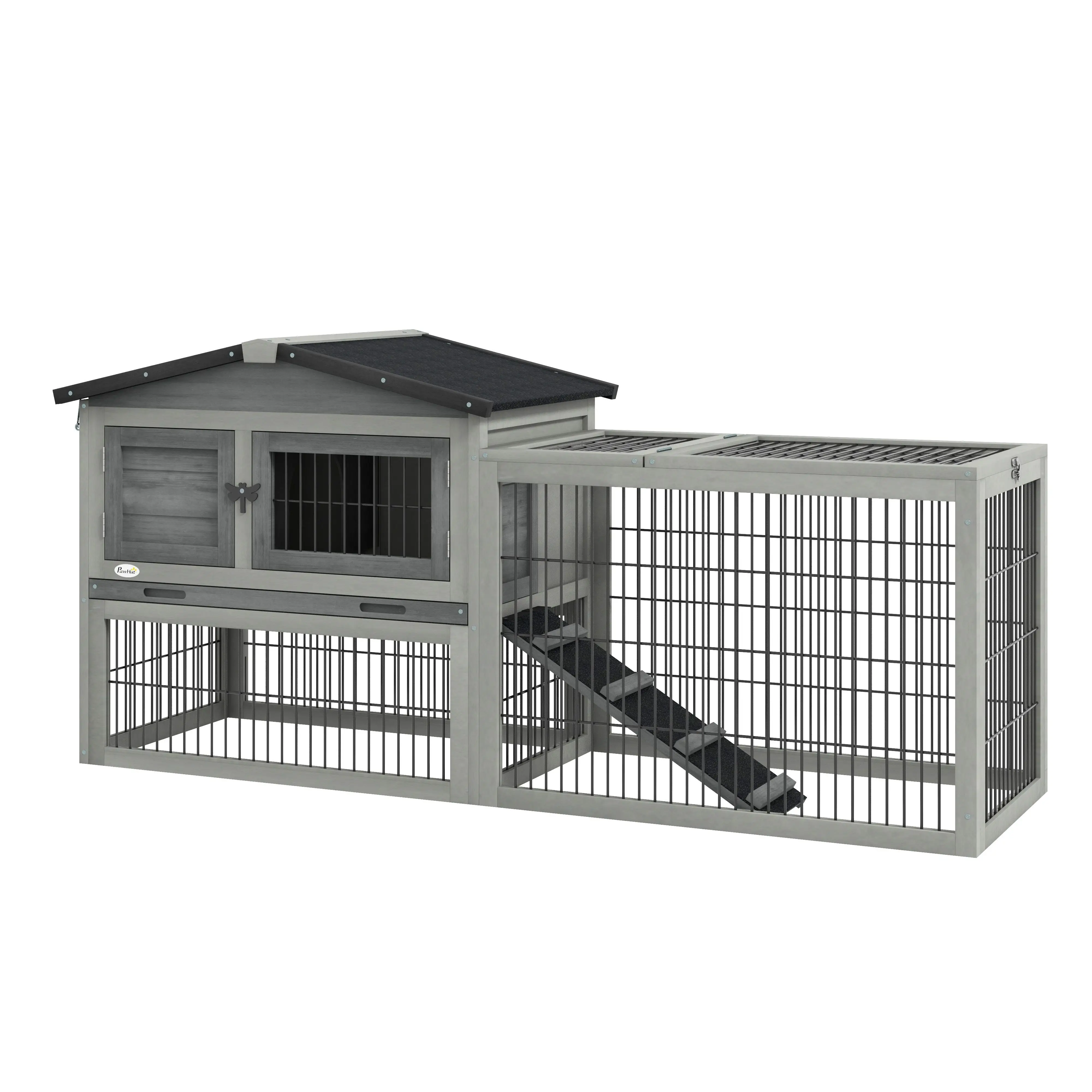 Wood Rabbit Hutch With Ramp, Openable Roof, Pull Out Tray, Light Grey - Image 11