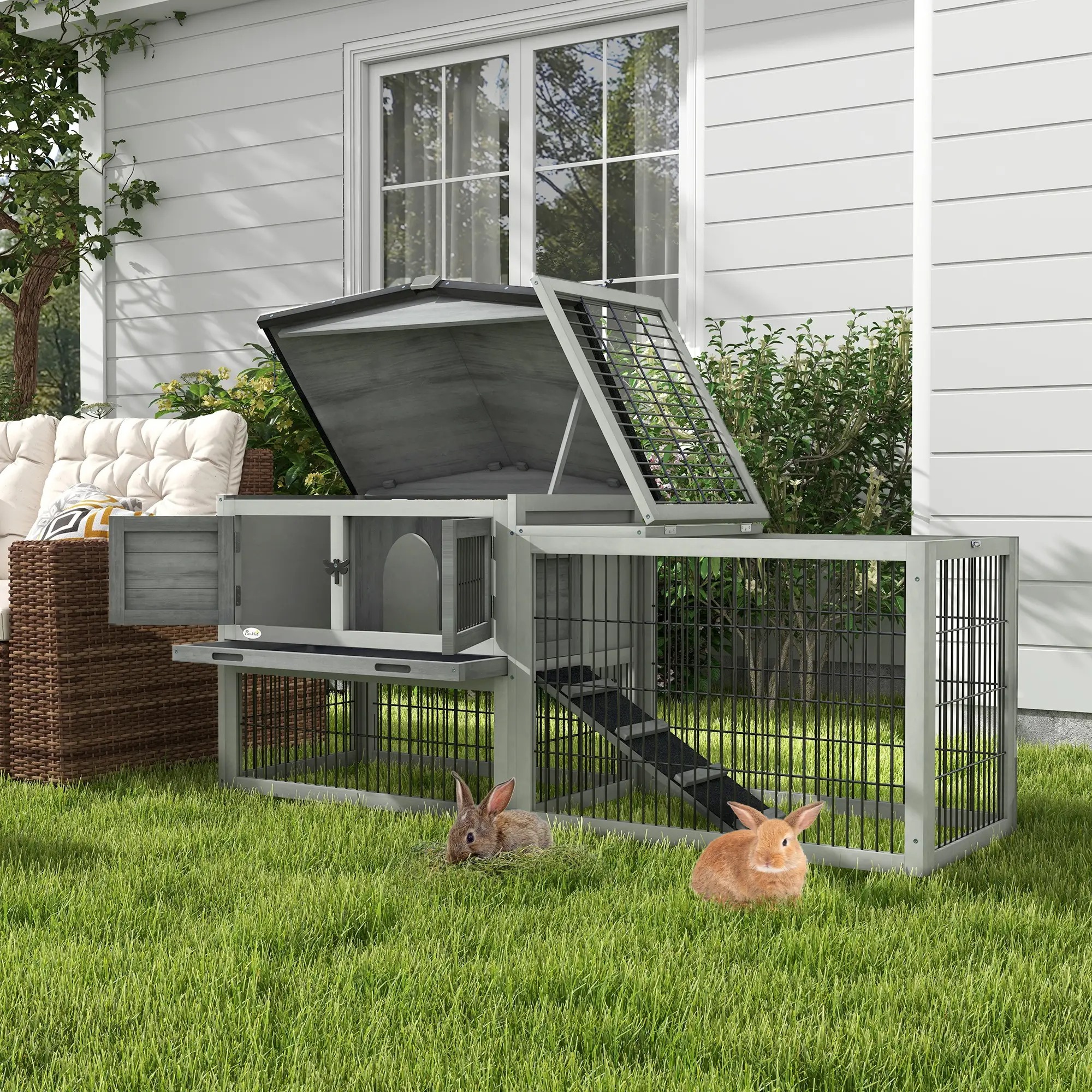 Wood Rabbit Hutch With Ramp, Openable Roof, Pull Out Tray, Light Grey - Image 2