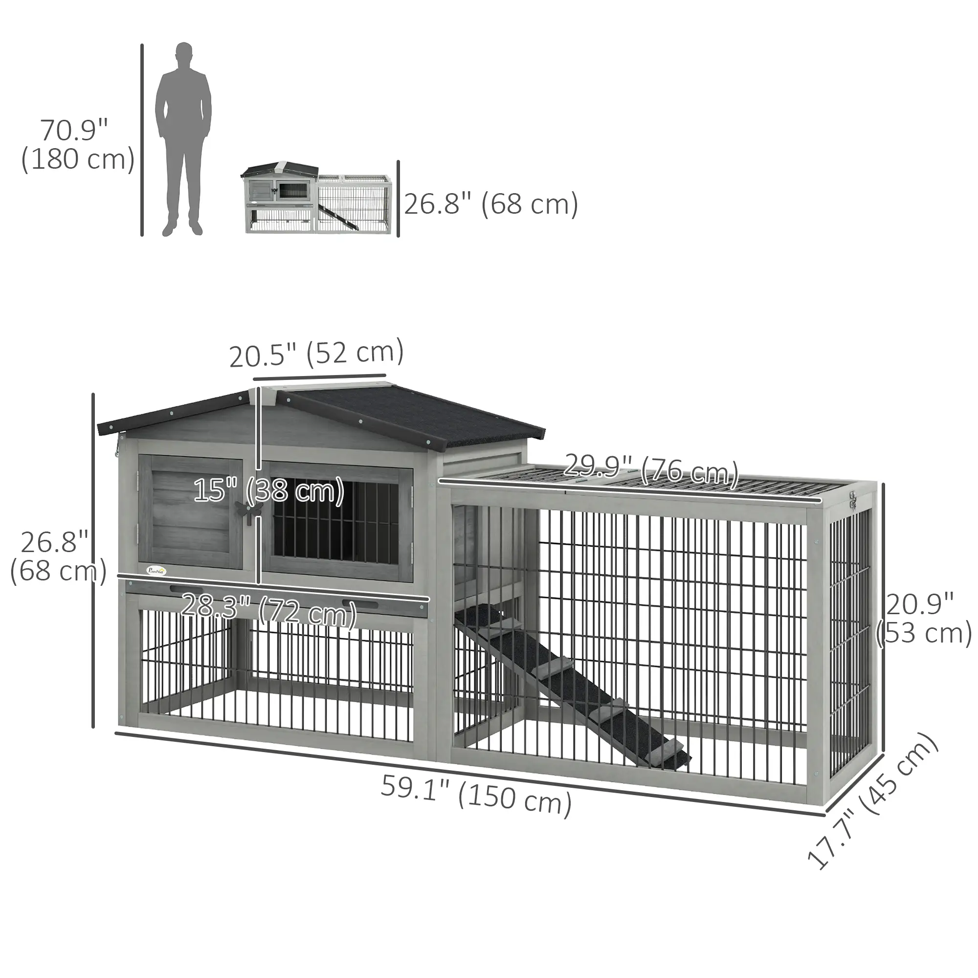Wood Rabbit Hutch With Ramp, Openable Roof, Pull Out Tray, Light Grey - Image 3