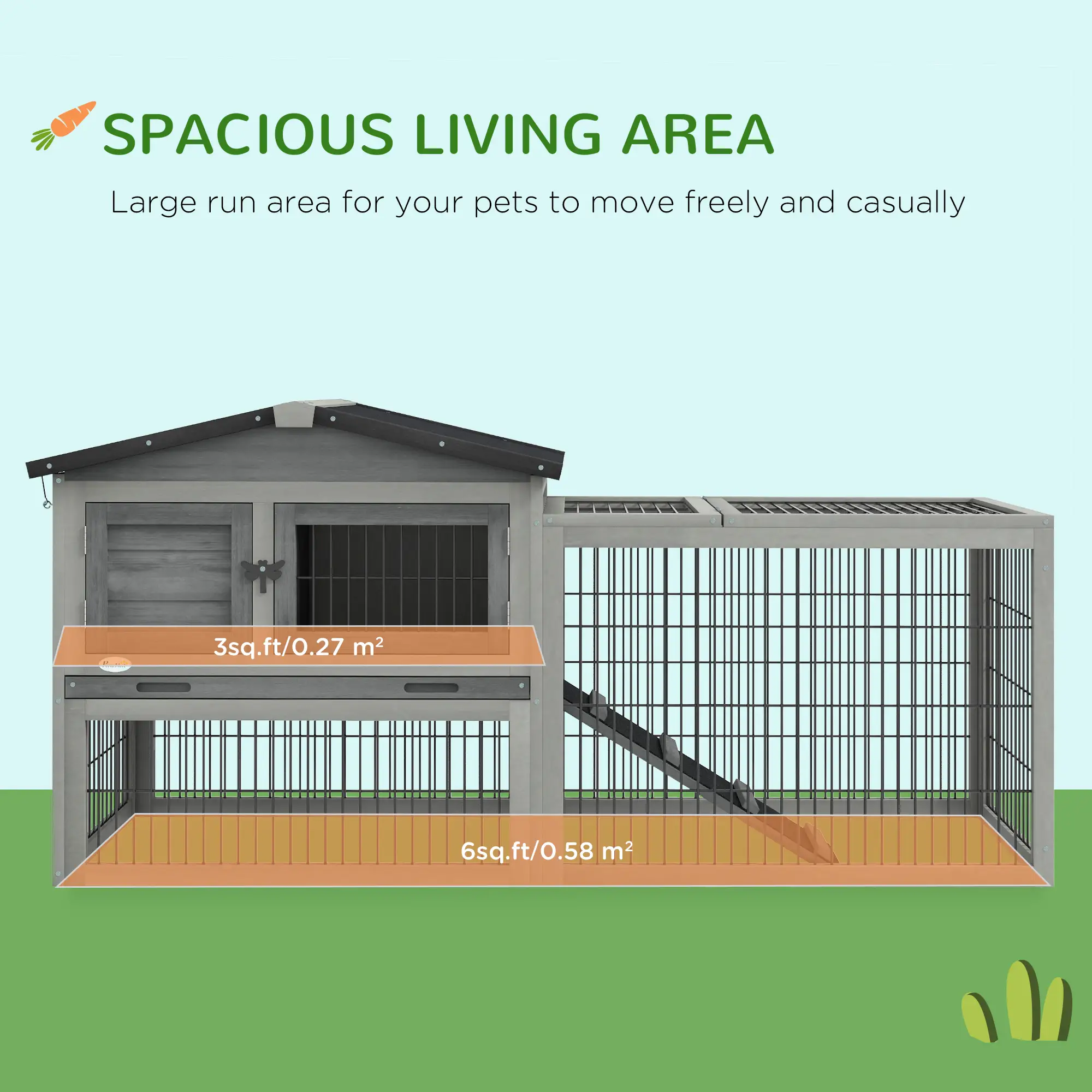 Wood Rabbit Hutch With Ramp, Openable Roof, Pull Out Tray, Light Grey - Image 4