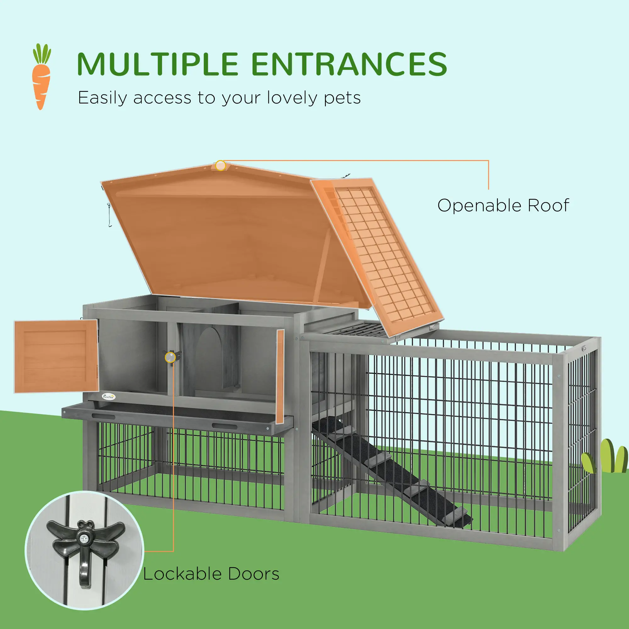Wood Rabbit Hutch With Ramp, Openable Roof, Pull Out Tray, Light Grey - Image 5