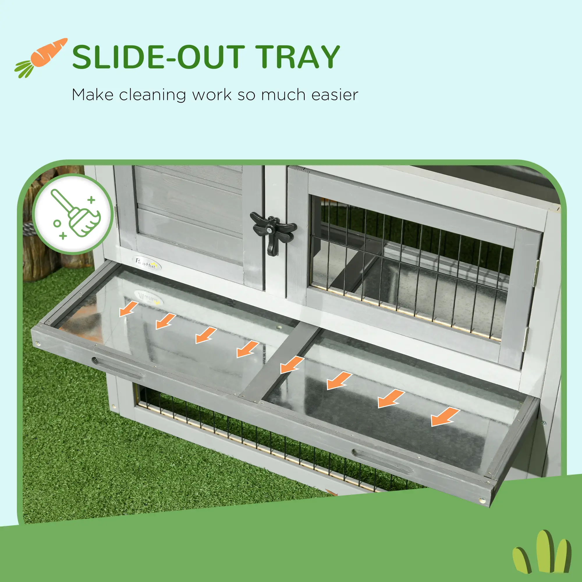 Wood Rabbit Hutch With Ramp, Openable Roof, Pull Out Tray, Light Grey - Image 6