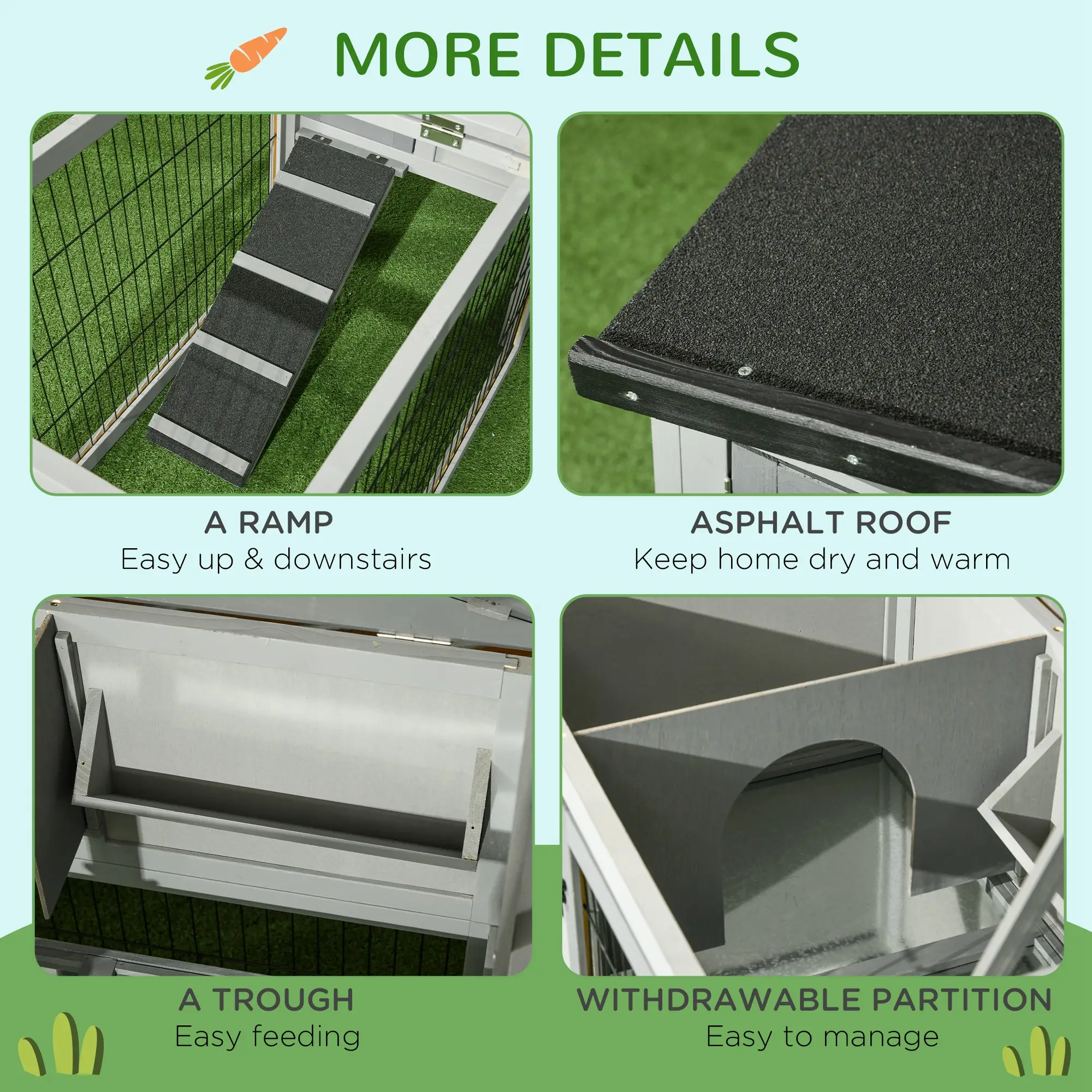 Wood Rabbit Hutch With Ramp, Openable Roof, Pull Out Tray, Light Grey - Image 7