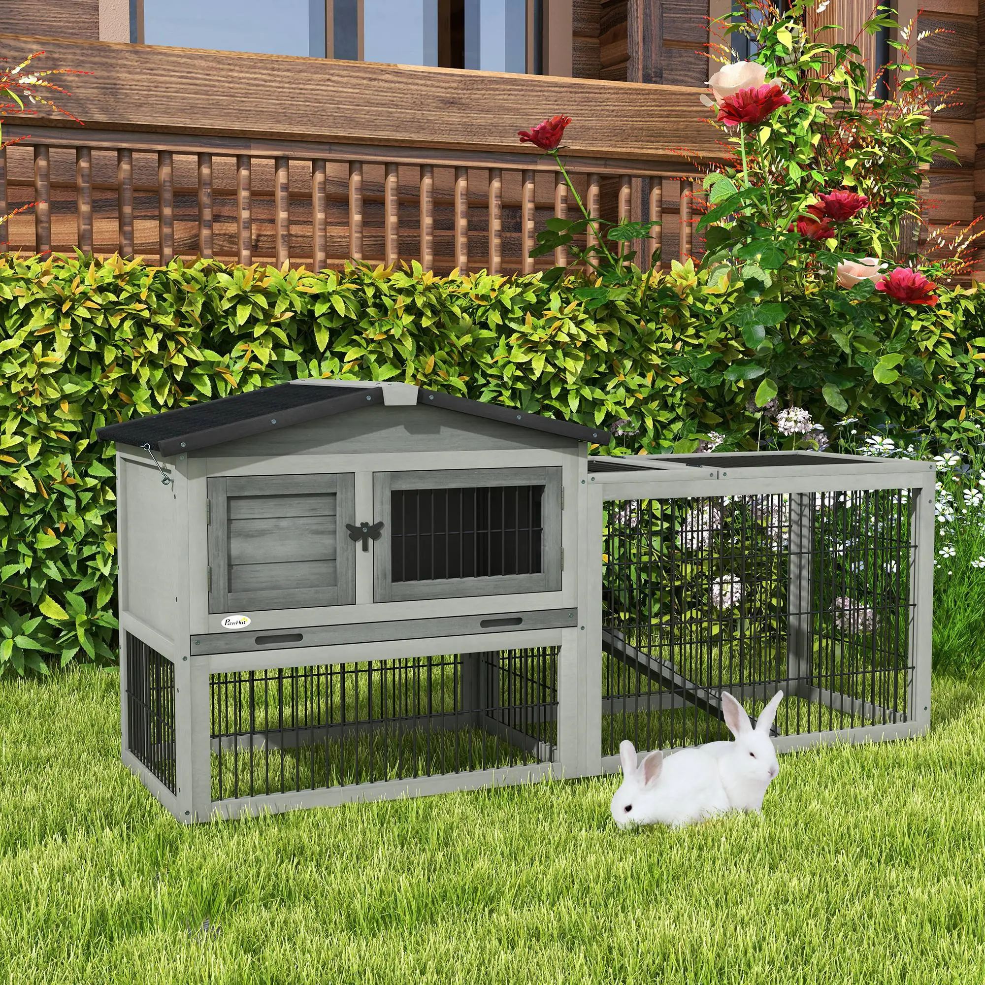 Wood Rabbit Hutch With Ramp, Openable Roof, Pull Out Tray, Light Grey - Image 8