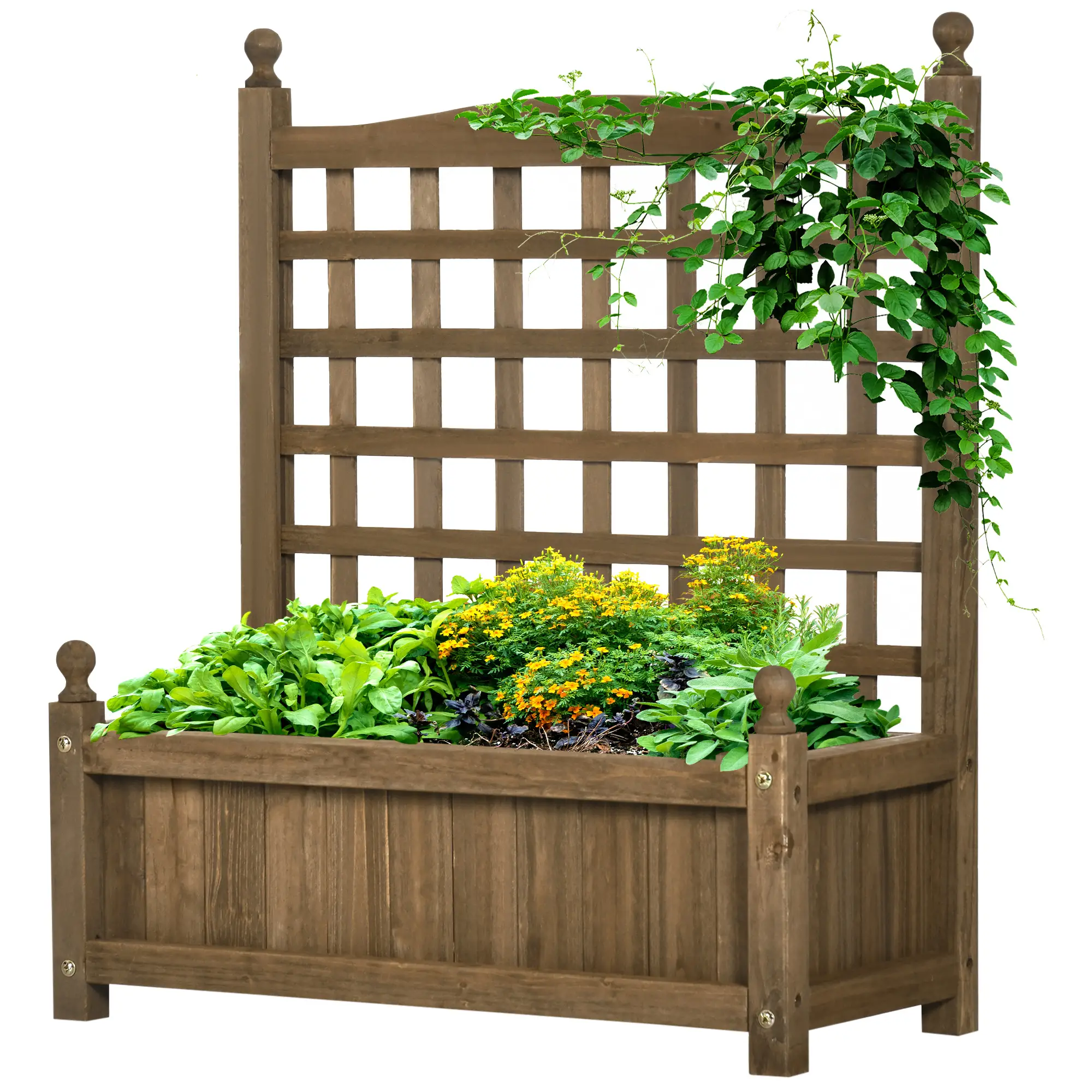 Wood Raised Garden Bed Planter with Trellis, Indoor Outdoor, Coffee - Image 11