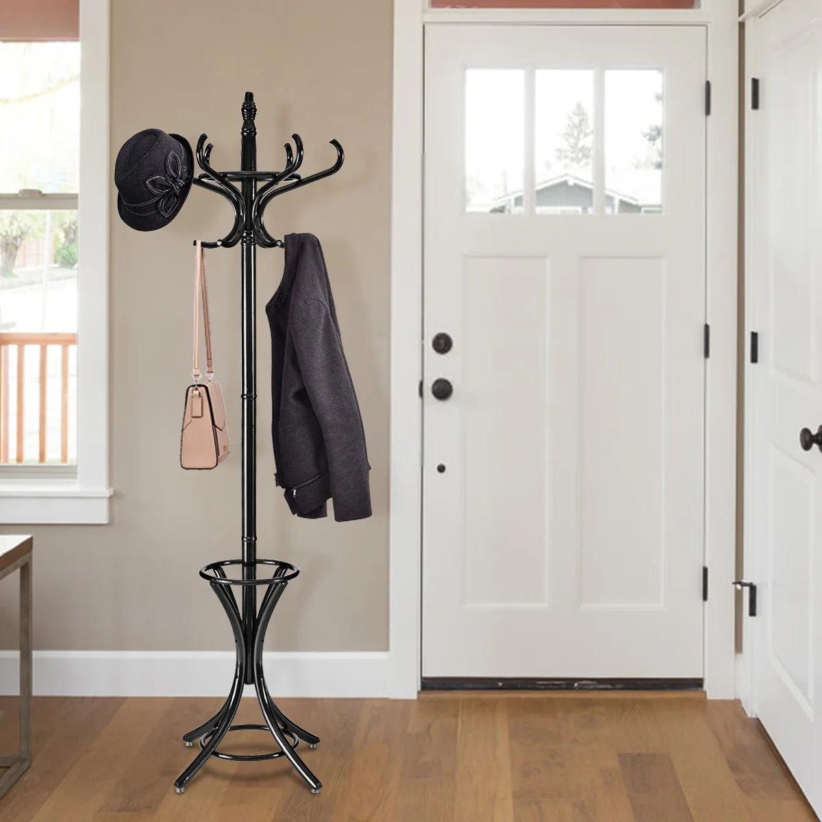 Wood Standing Hat Coat Rack With Umbrella Stand, Black - Image 2