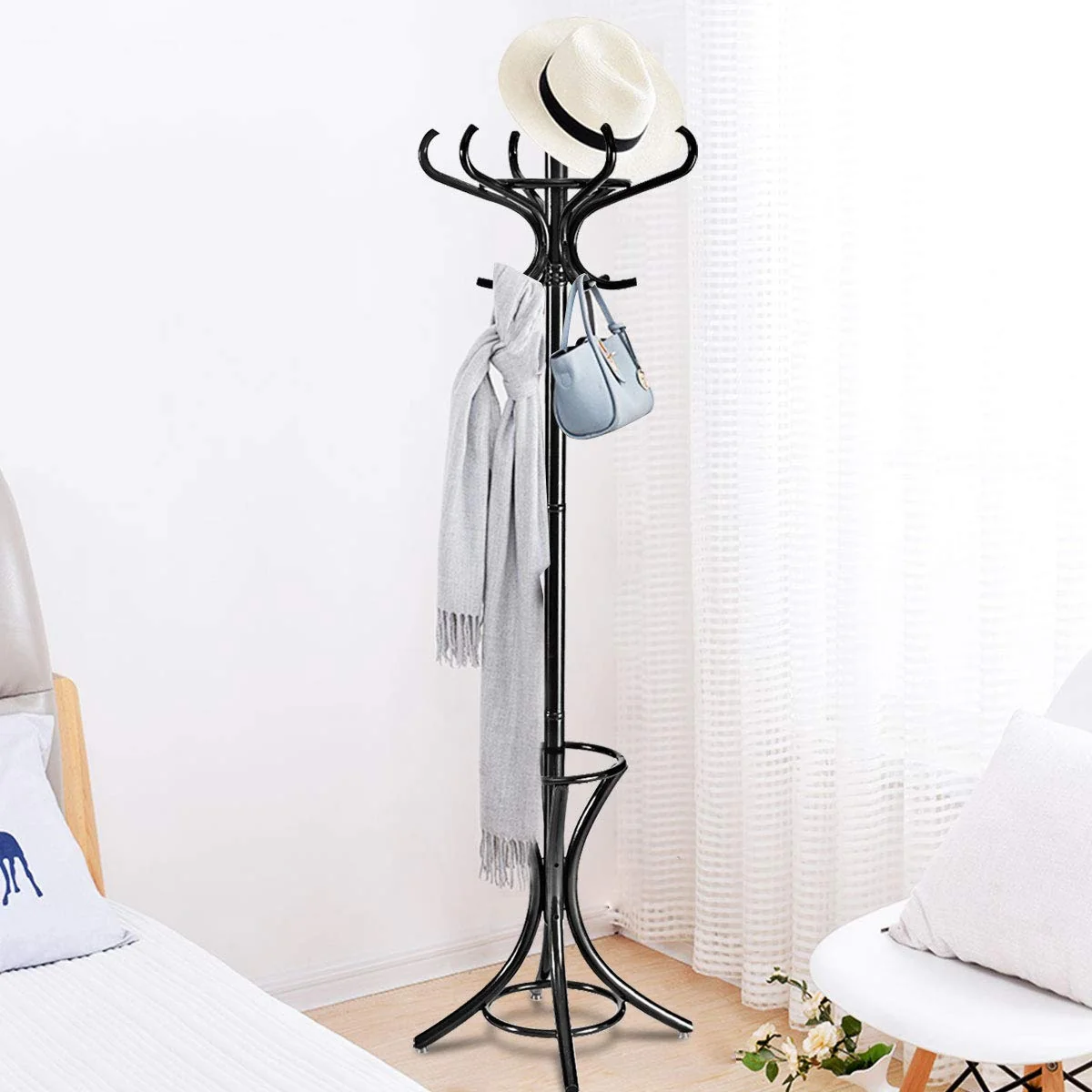 Wood Standing Hat Coat Rack With Umbrella Stand, Black - Image 3