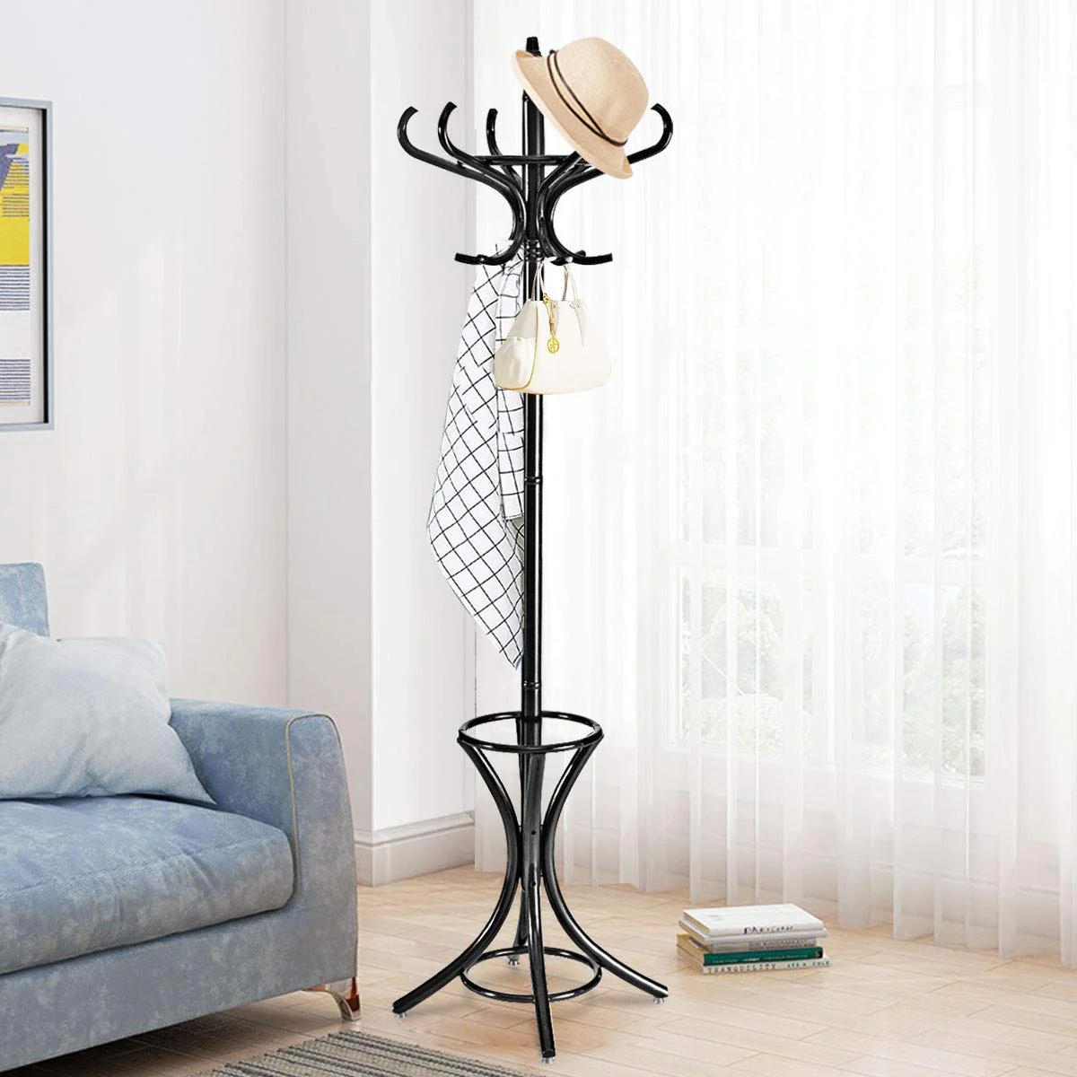 Wood Standing Hat Coat Rack With Umbrella Stand, Black - Image 8