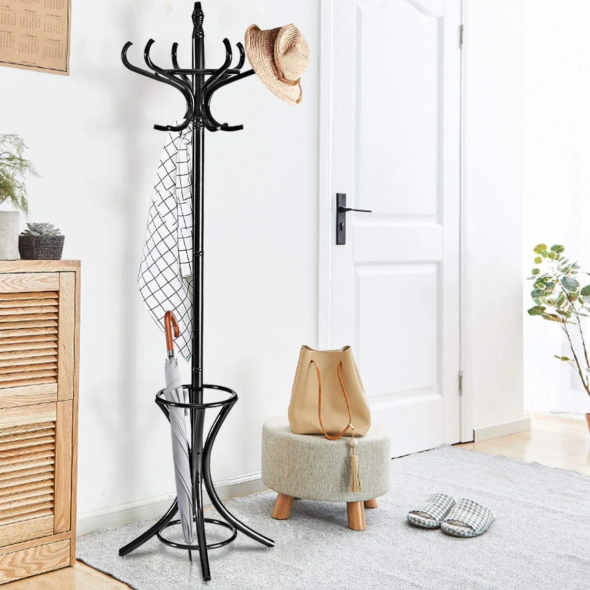 Wood Standing Hat Coat Rack With Umbrella Stand, Black - Image 9