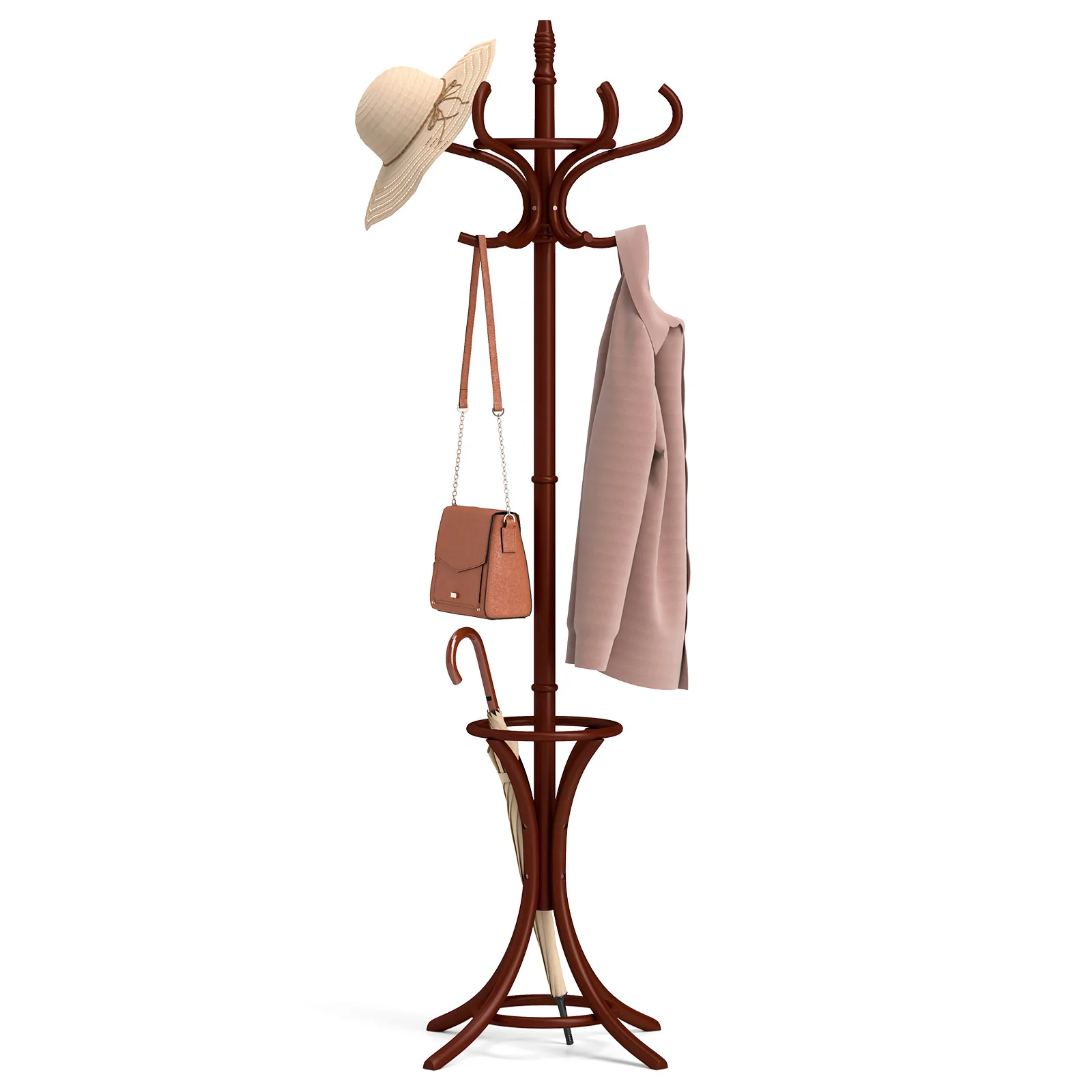 Wood Standing Hat Coat Rack With Umbrella Stand, Brown - Image 10