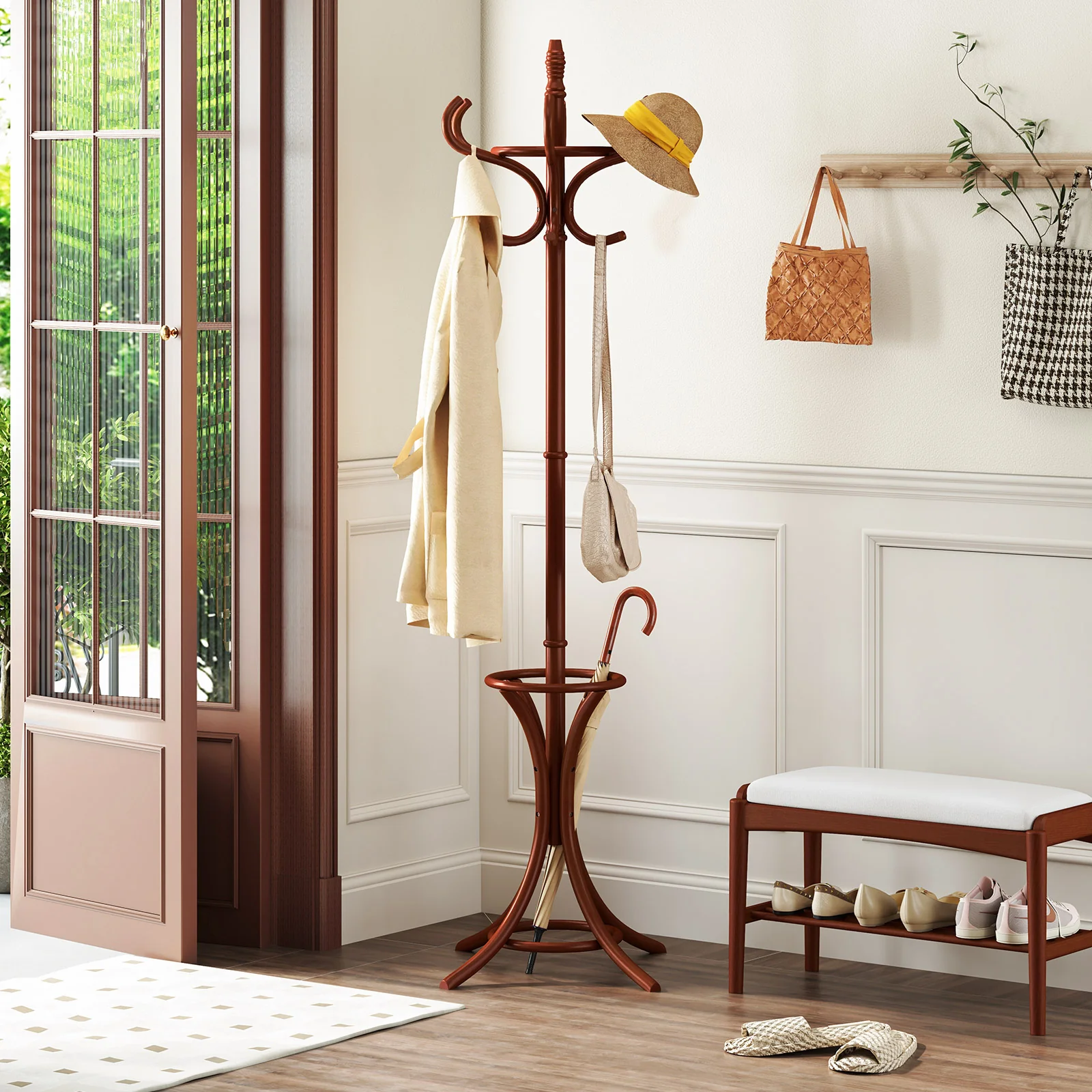 Wood Standing Hat Coat Rack With Umbrella Stand, Brown - Image 2